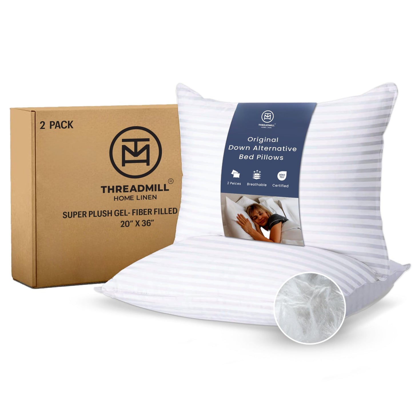 Threadmill Bed Pillows King Size Set of 2 | Down Alternative Cooling Bed Pillow for Sleeping | Firm Soft Pillows for Bed | 20 x 36 Hotel, King Size Pillows 2 Pack for Back, Stomach or Side Sleepers