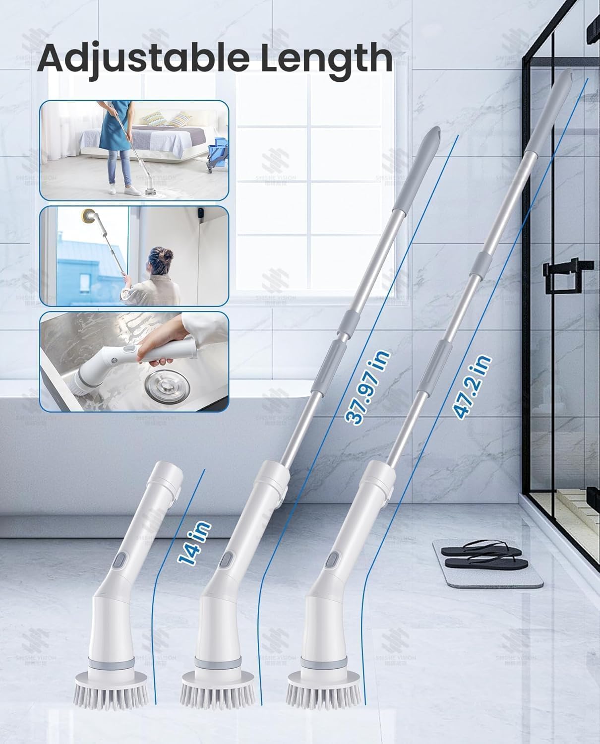 Lichffy Electric Spin Scrubber, Cordless Power Scrubber with 47" Extendable Handle & IPX7 Waterproof, 2-Speed 480RPM Cleaning Brush for Shower Floor, 6 Replaceable Brush Heads, Beginner, White-oa2.