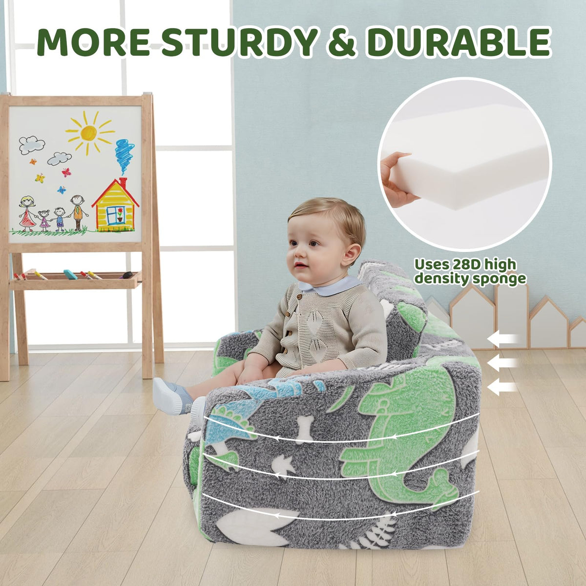 Toddler Couch, Foldable Toddler Chair, Kids Couch 2 in 1, Pull Out Bed Kids Sofa for Playroom, Removable Cover Armrest, Glow in The Dark Open Couch, 91 cm Length (Grey Dinosaur)