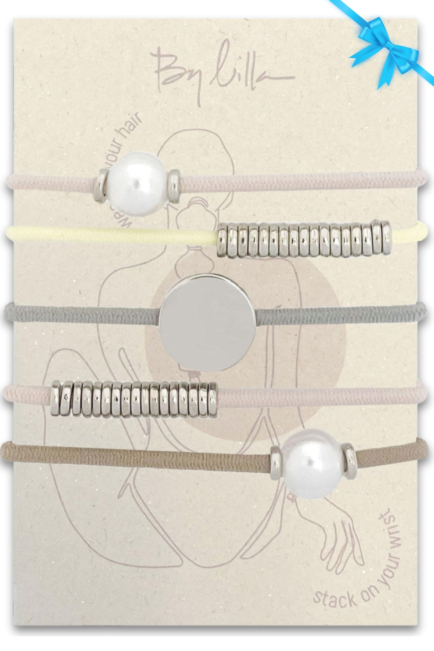 By Lilla Tulip Mini Stack Elastic Hair Ties and Bracelets | Set of 5 Hair Tie-Bracelets | Hair Accessories for Women | No Crease Hair Ties & Women’s Bracelets (White Pearl / Pink / Yellow / Gray / Nude)