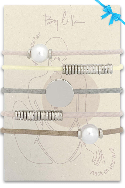 By Lilla Tulip Mini Stack Elastic Hair Ties and Bracelets | Set of 5 Hair Tie-Bracelets | Hair Accessories for Women | No Crease Hair Ties & Women’s Bracelets (White Pearl / Pink / Yellow / Gray / Nude)