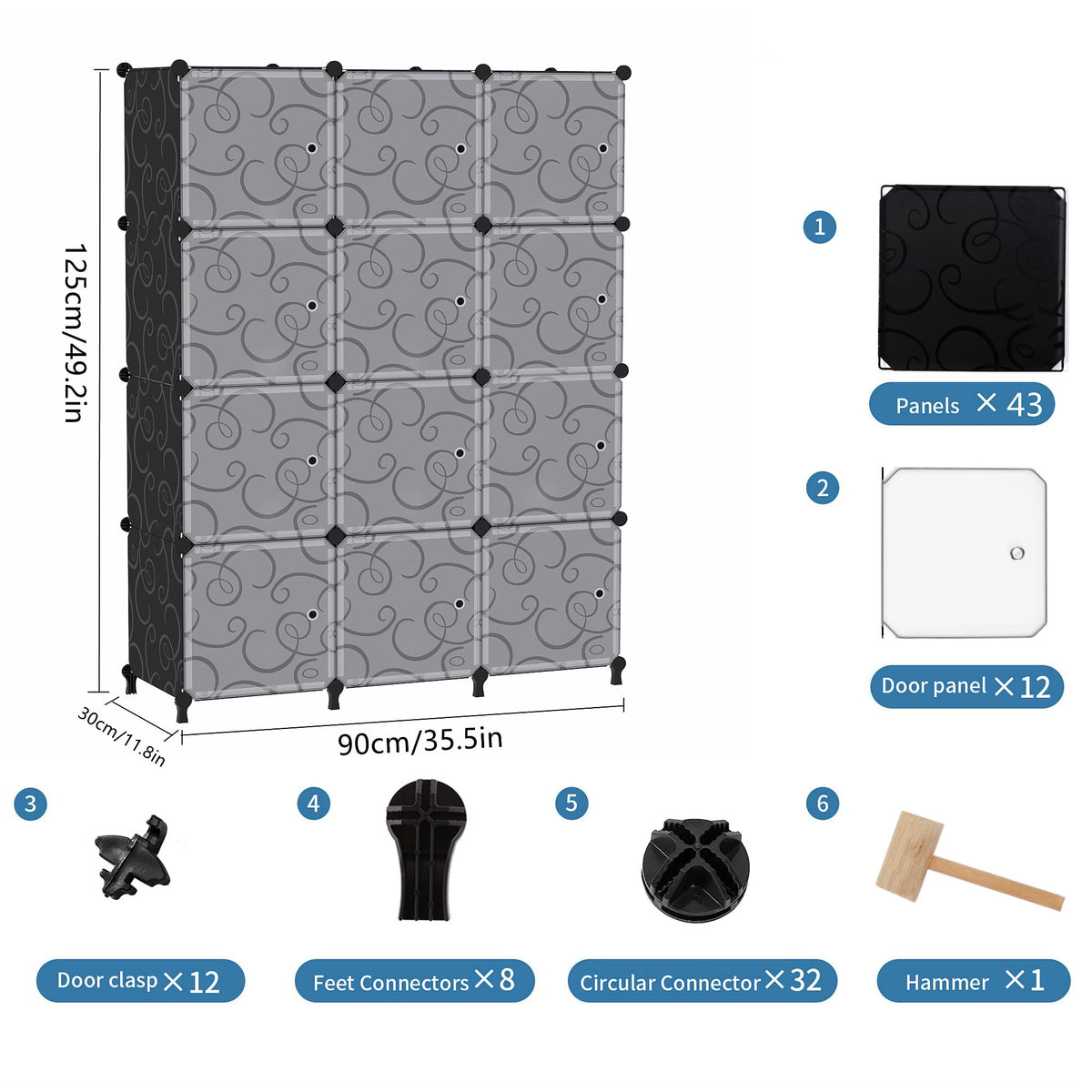 AWTATOS 12 Cube Storage Organizer with Doors, DIY Plastic Closet Shelf, Modular Bookshelf, Stackable Shelving Rack for Bedroom, Living Room, Black