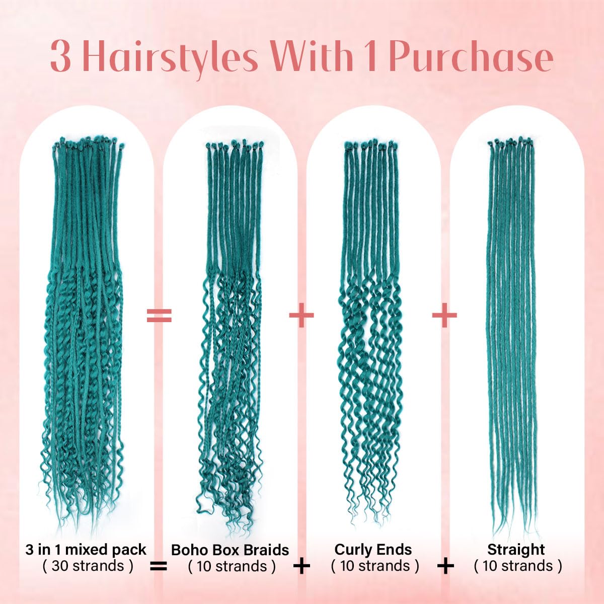 Quiduis 30 Inch 30 Strands SE Dreadlock Extensions,3 In 1 Mixed Synthetic Dreads Extensions,Pine Green Curly&Straight&Boho Single Ended Dreads Extensions Hippie Style Dreadlock for Women