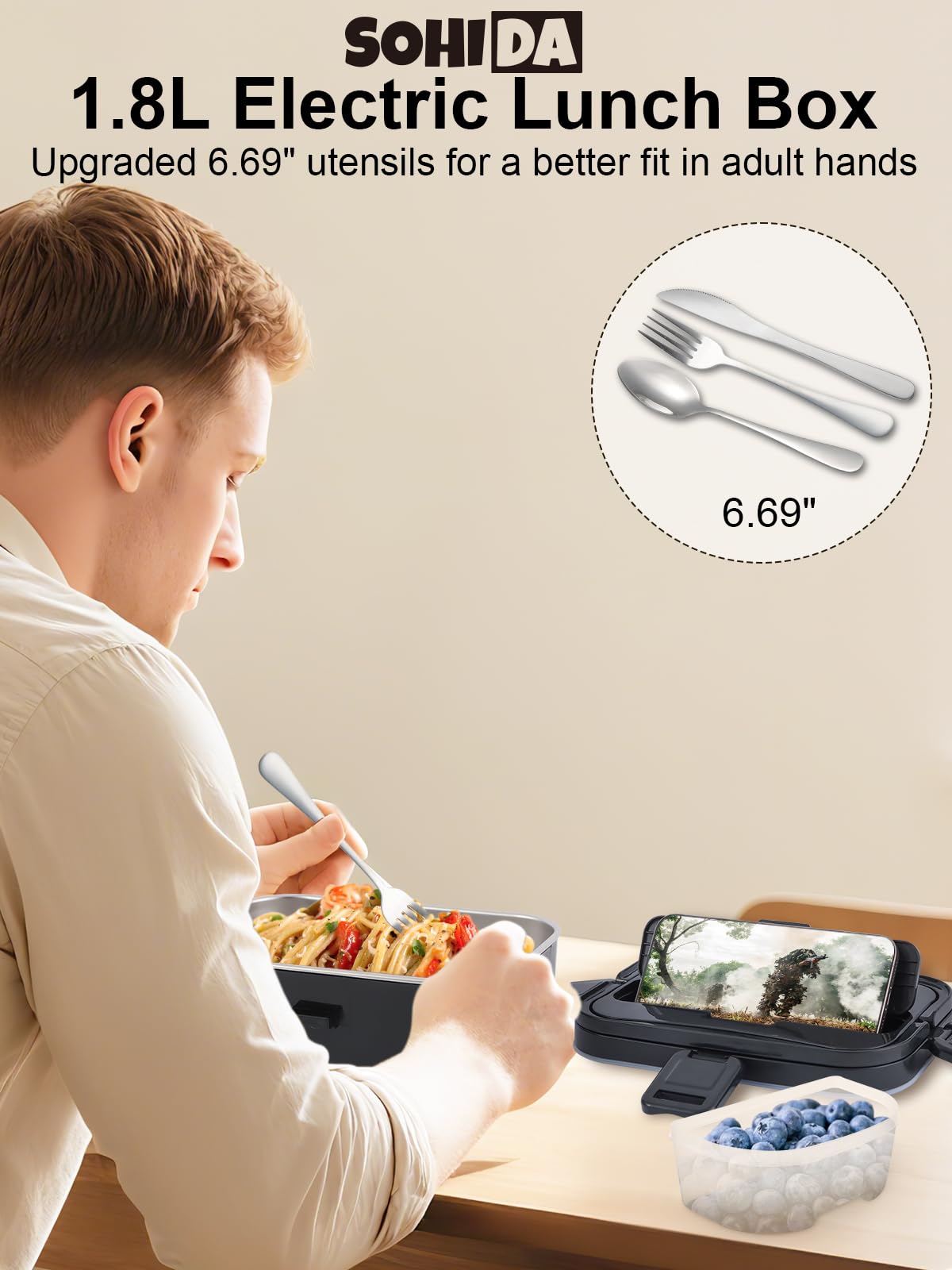 SOHIDA 1.8L+0.5L Heated Lunch Box for Men, 80W Electric Lunch Box with Long-Handled Utensils for Adults, 12V/24V/110V Lonchera Eléctrica Portátil, Portable Food Warmer for Car/Truck/Office (Black)