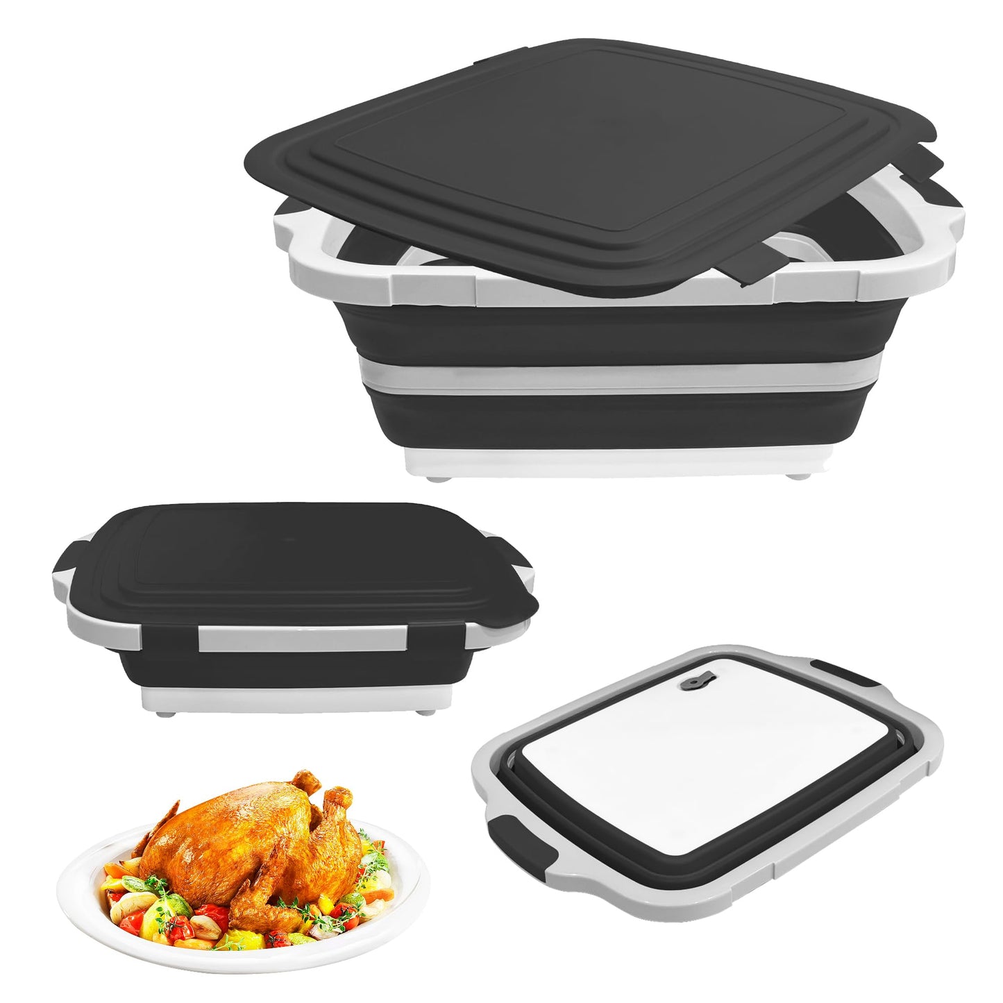 Collapsible BBQ Prep Tub with Cutting Board & Lid, Space-Saving Food Container – BPA-Free Heavy-Duty Plastic, Dishwasher Safe with Drain Hole – Offset Smoker, Backyard & Grilling (Black, X-Large)