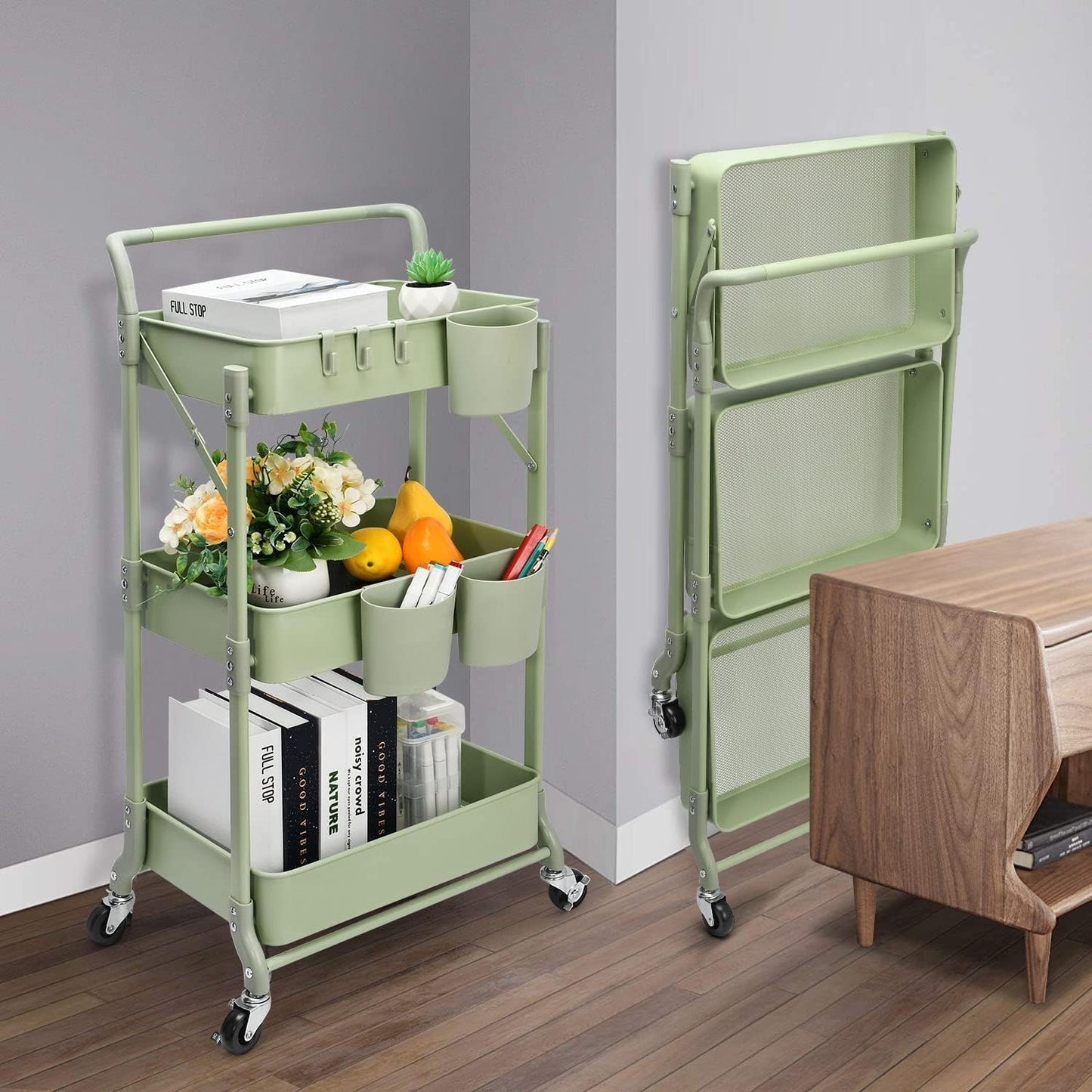 johgee Foldable 3 Tier Rolling Cart, Folding Metal Utility Cart, Mobile Multi-Function Storage Trolley Organizer Cart for Home Library Office(Green)