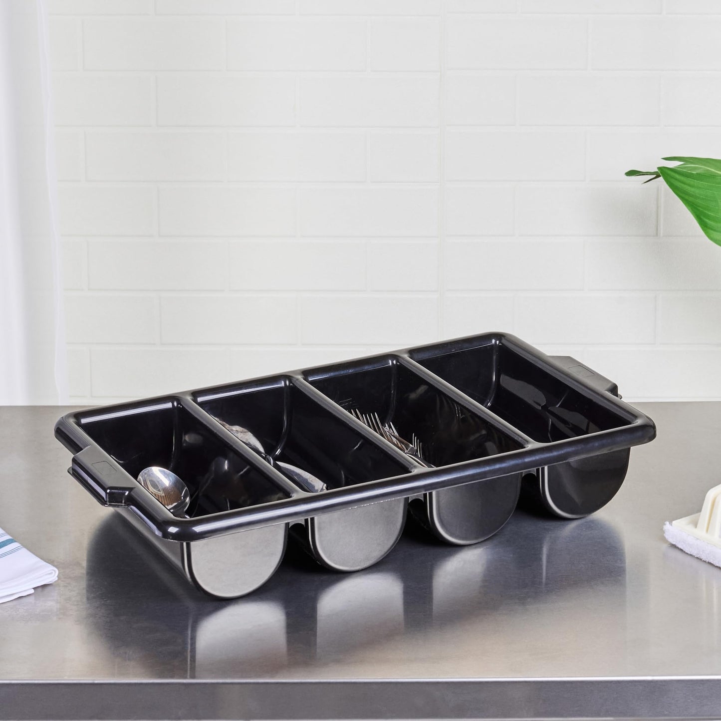 Restaurantware-21.9 x 14.2 x 3.5 Inch Silverware Organizer, 1 Crack-Resistant Cutlery Tray - 4 Compartments, Built-in Handles, Black Plastic Utensils Drawer Holder, for Kitchen Organization