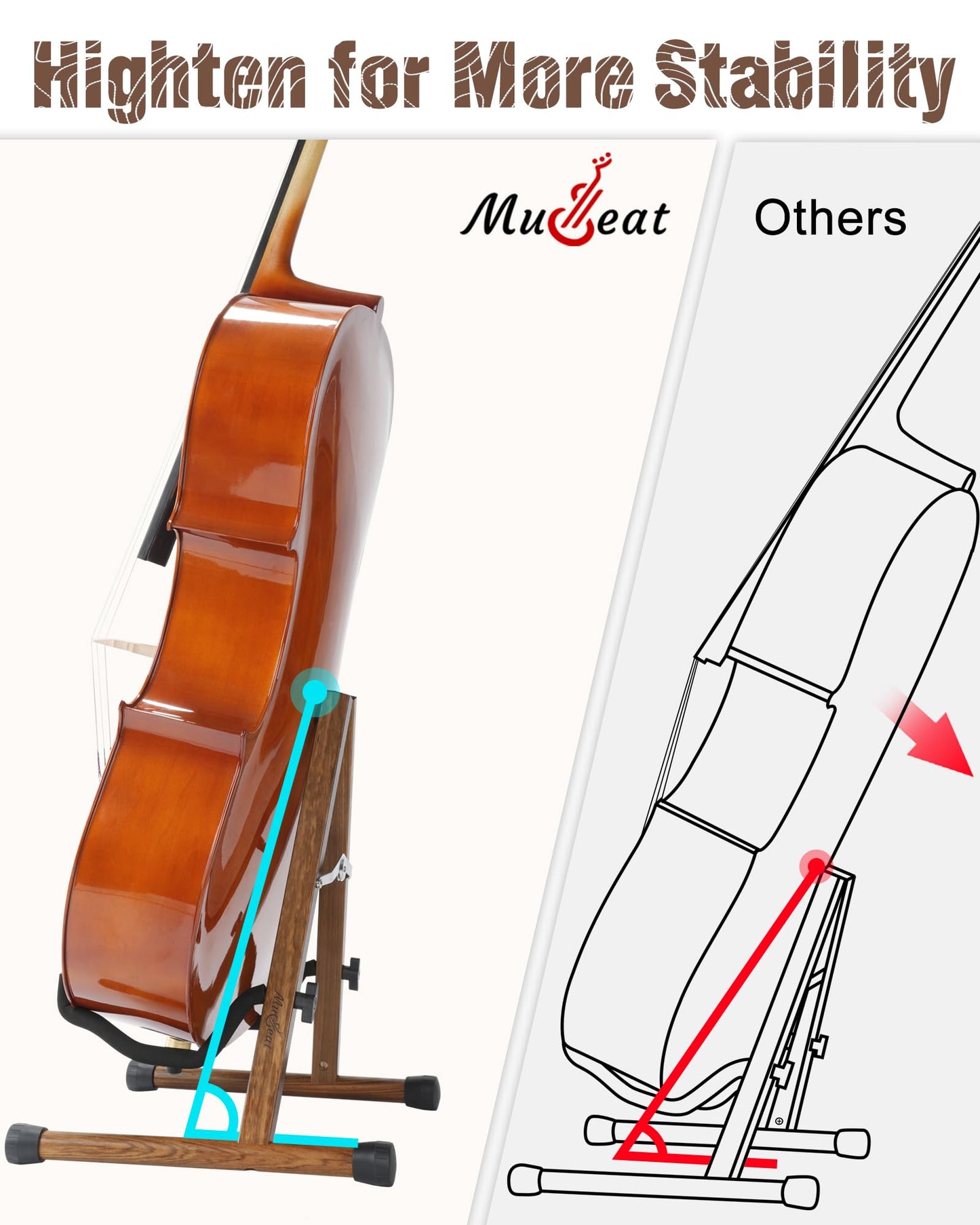 Musbeat Cello Stand, A-Frame Cello Stand with Bow Holder for Cello Display, Handcrafted Wooden Cello Stand with Padded Foam, Zebra Wood Floor Cello Stand for 1/2, 3/4, 7/8, Full-Size Cello, Guitar