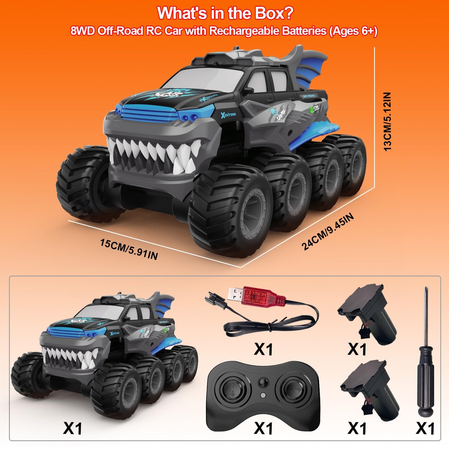 Amphibious Remote Control Car 8WD RC Monster Truck with 2 Rechargeable Batteries for Boys Age 8-12 Offroad Waterproof RC Pickup 2.4GHz All Terrain RC Drift Cars Beach Pool Toys Gifts for Kids Blue