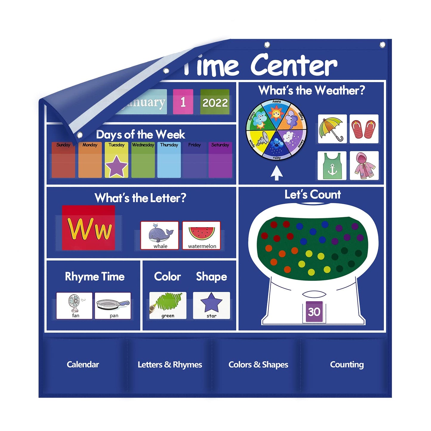 Auchq Circle Time Learning Center Pocket Chart, Heavy-Duty Kids Calendar for Classroom, Educational Pocket Chart Learning Calendar Weather Letter Counting Rhyme Color Shape, Great for Classroom and Homeschool (Blue).