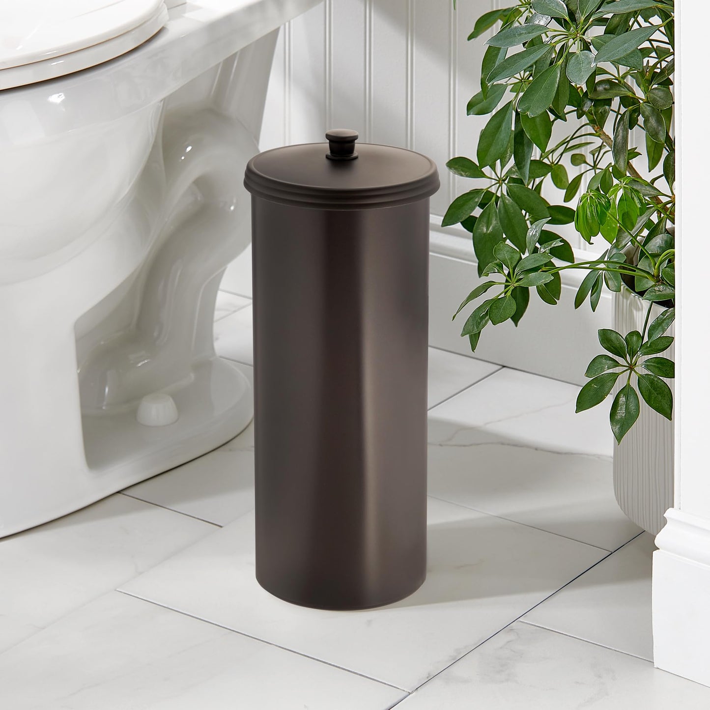 iDesign Kent Plastic Toilet Tissue Roll Reserve Organizer for Bathroom, Vertical Free Standing Compact Organizer, Holds 3 Rolls