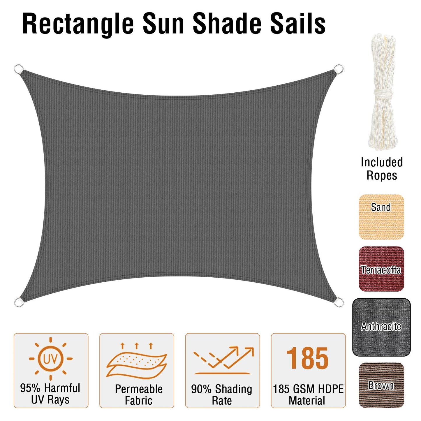 Duerer Sun Shade Sail Canopy 12' x 16' Rectangle, 95% UV Block, Permeable 185GSM Sail Shade Cover for Patio, Garden, Pergola, Backyard, Outdoor Facility & Activities -Anthracite