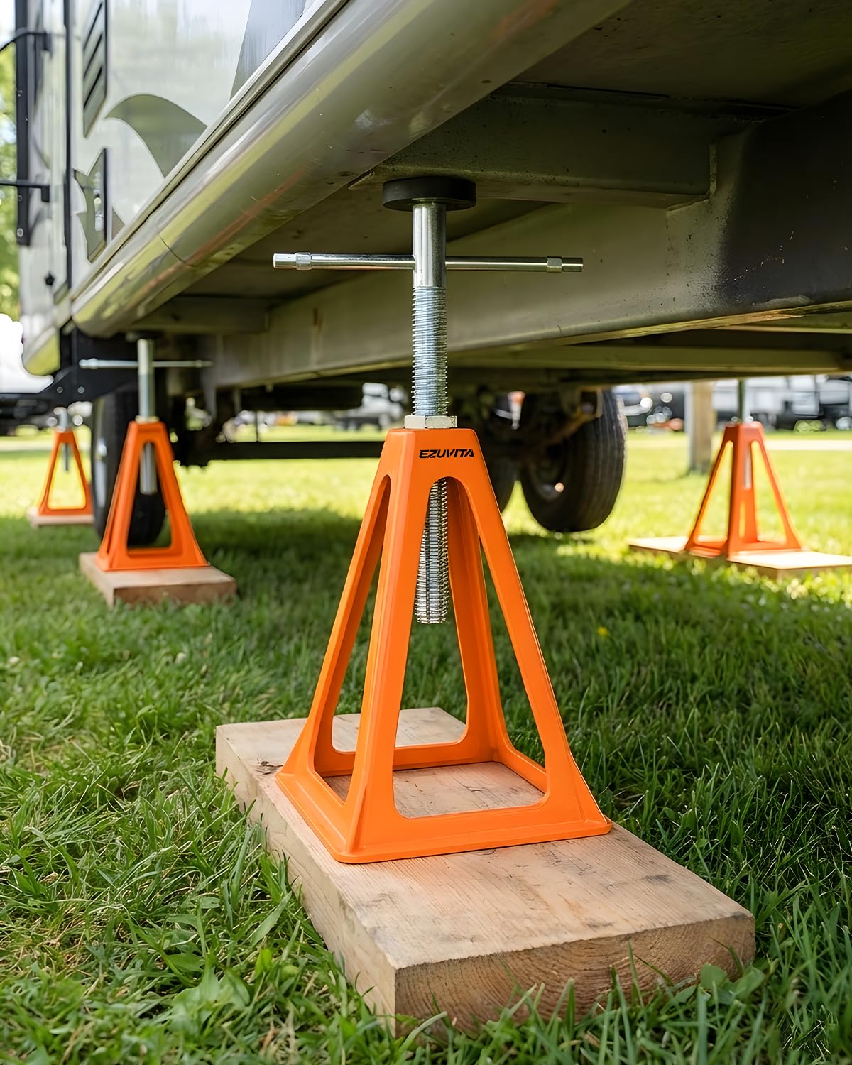 EZUVITA4-Pack RV Stabilizer Jacks – Each Supports Up to 7500 Lbs, Adjustable 11"–17", Heavy Duty Aluminum with Spare Nuts, Rubber Pads & Gloves for Travel Trailer Camper, Motorhome
