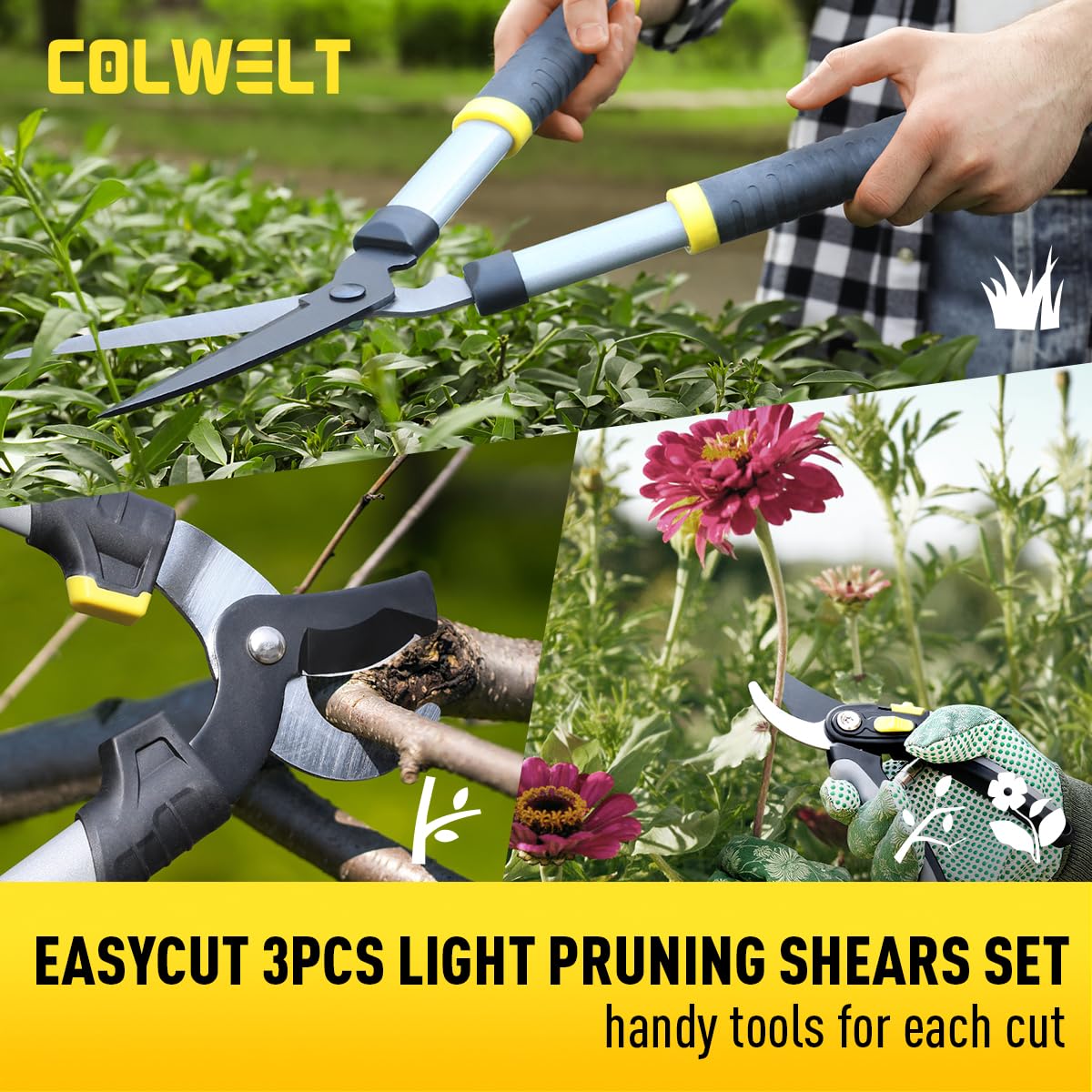 Colwelt Loppers Hedge Clippers Garden Shears 3Pcs, Compact Garden Loppers Shear Set with 17’’ Bypass Branch Cutters & Hedge Shears & Pruners, Tree Shrub Care Kit for Lopping with Soft Grip Handle
