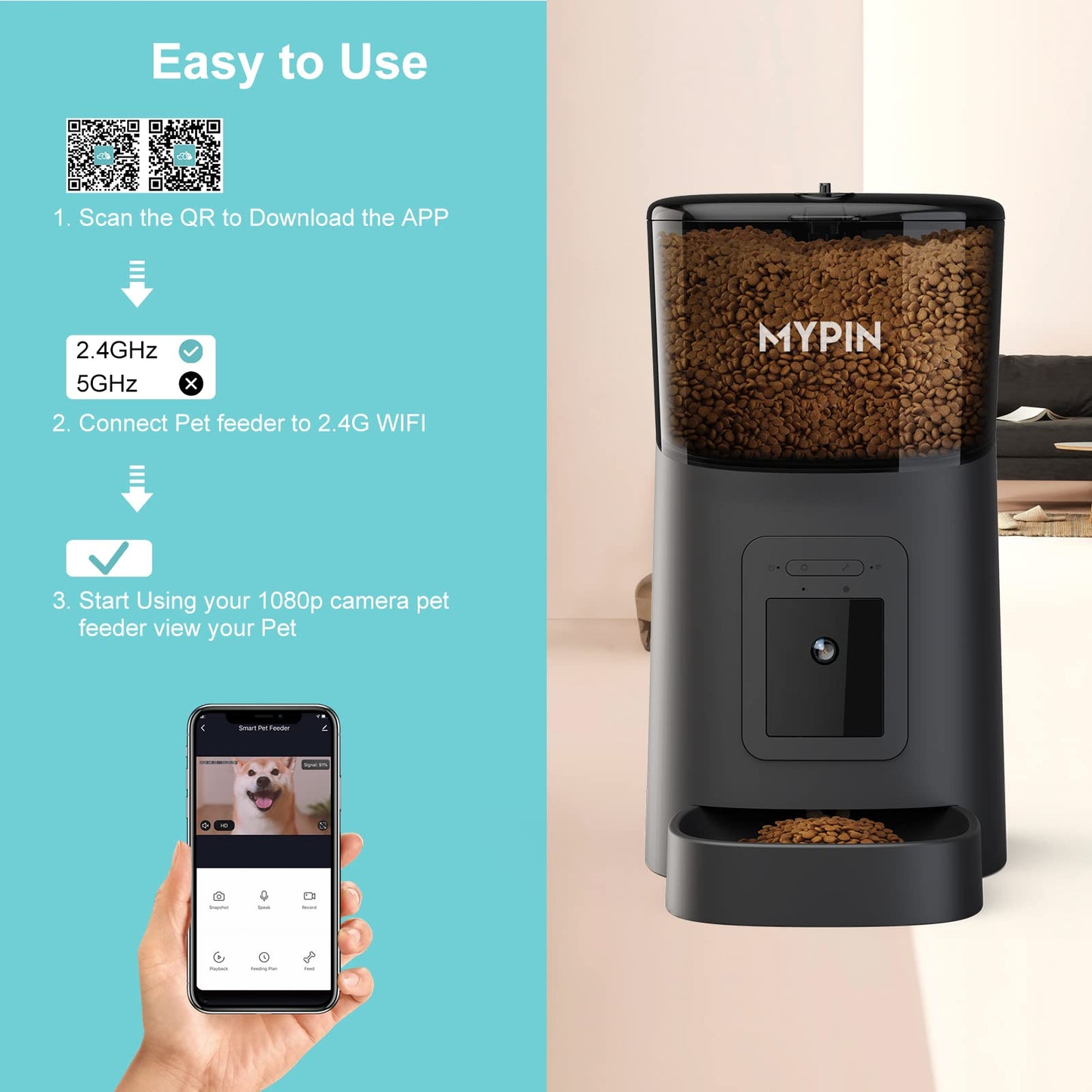 Video Automatic Pet Feeder with HD Camera, Food Dispenser for Cats and Dogs WiFi Smart Feeder with Camera 6L 2-Way Audio, Mobile Phone Control, Timed Feeder, Desiccant Bag Up to 8 Meals per Day… (Black)