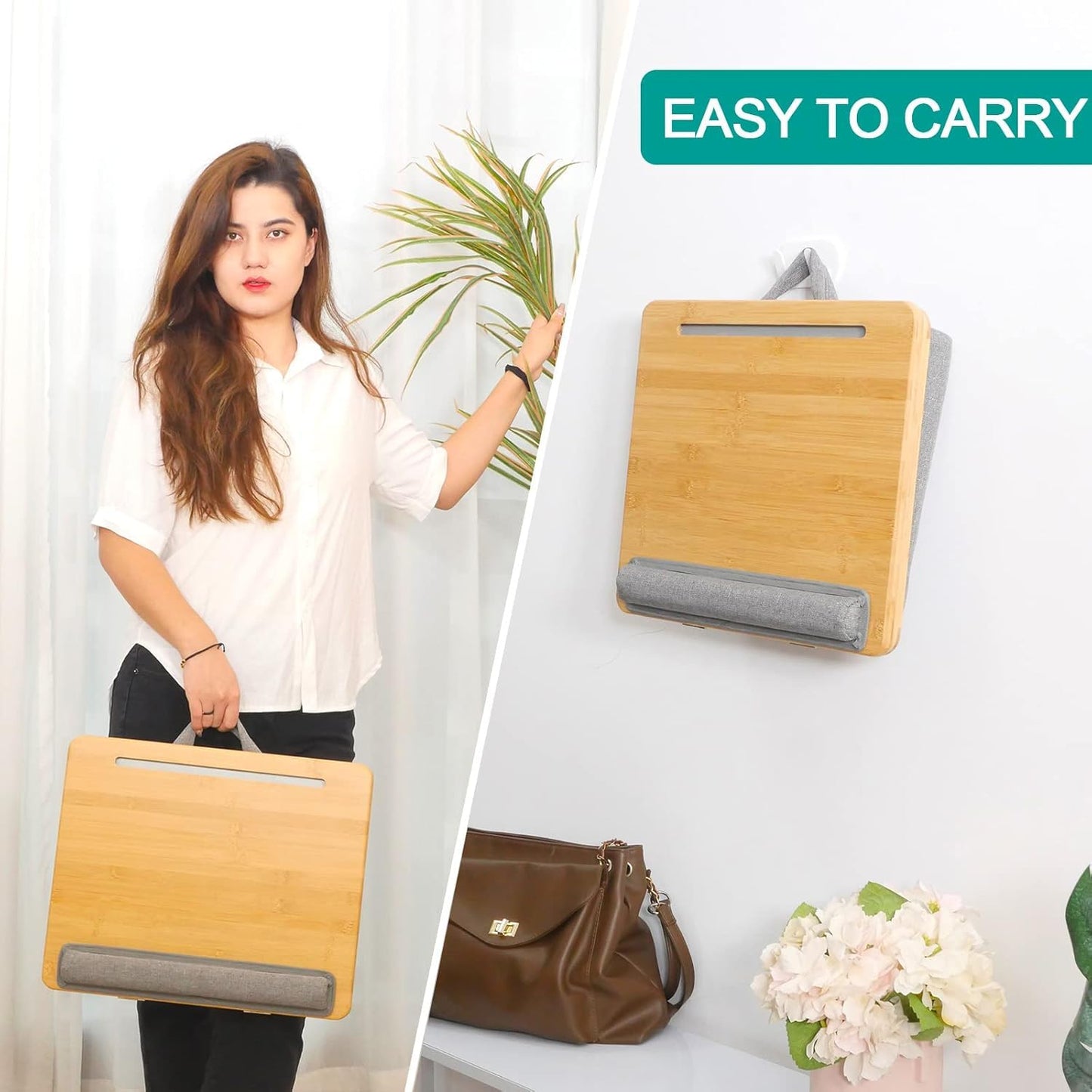 Lap Desk Laptop Tray with Cushion Portable Bed Tray Desk, Ergonomic Design Adjustable Angle Lap Desk with Tablet Phone Holder, for Home Office, Sofa, Bed, Couch and car. Bamboo Cushioned Laptop Tray