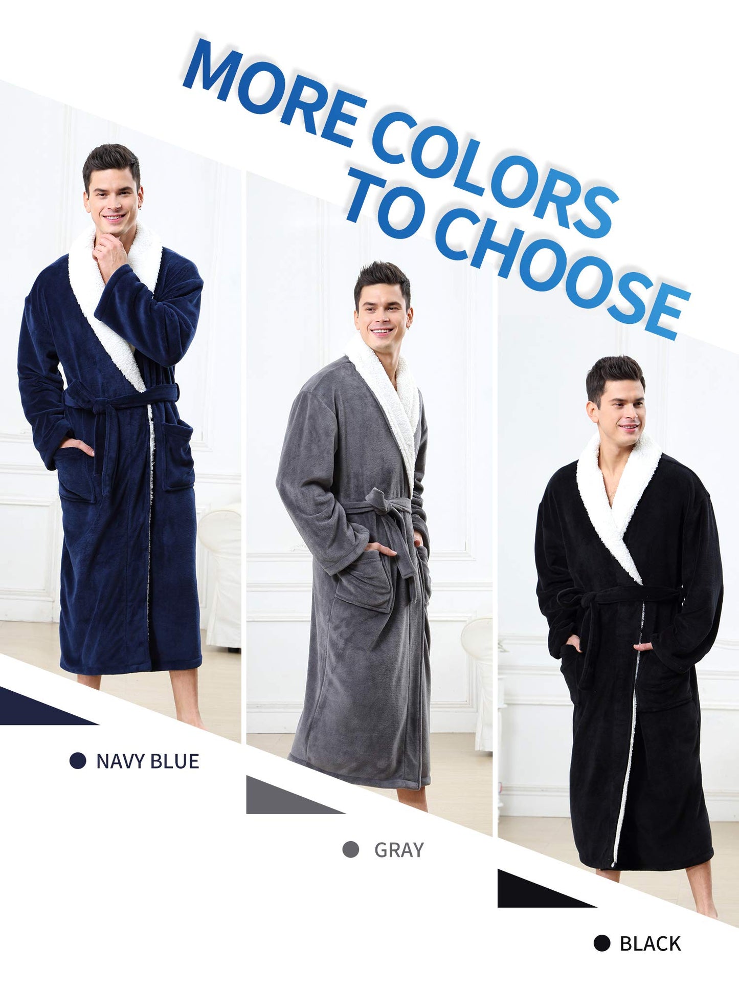 OUFANG Men's Soft and Warm Bathrobe, Black Spa Robe with Sherpa Kimono Shawl Collar Unisex (X-Large)