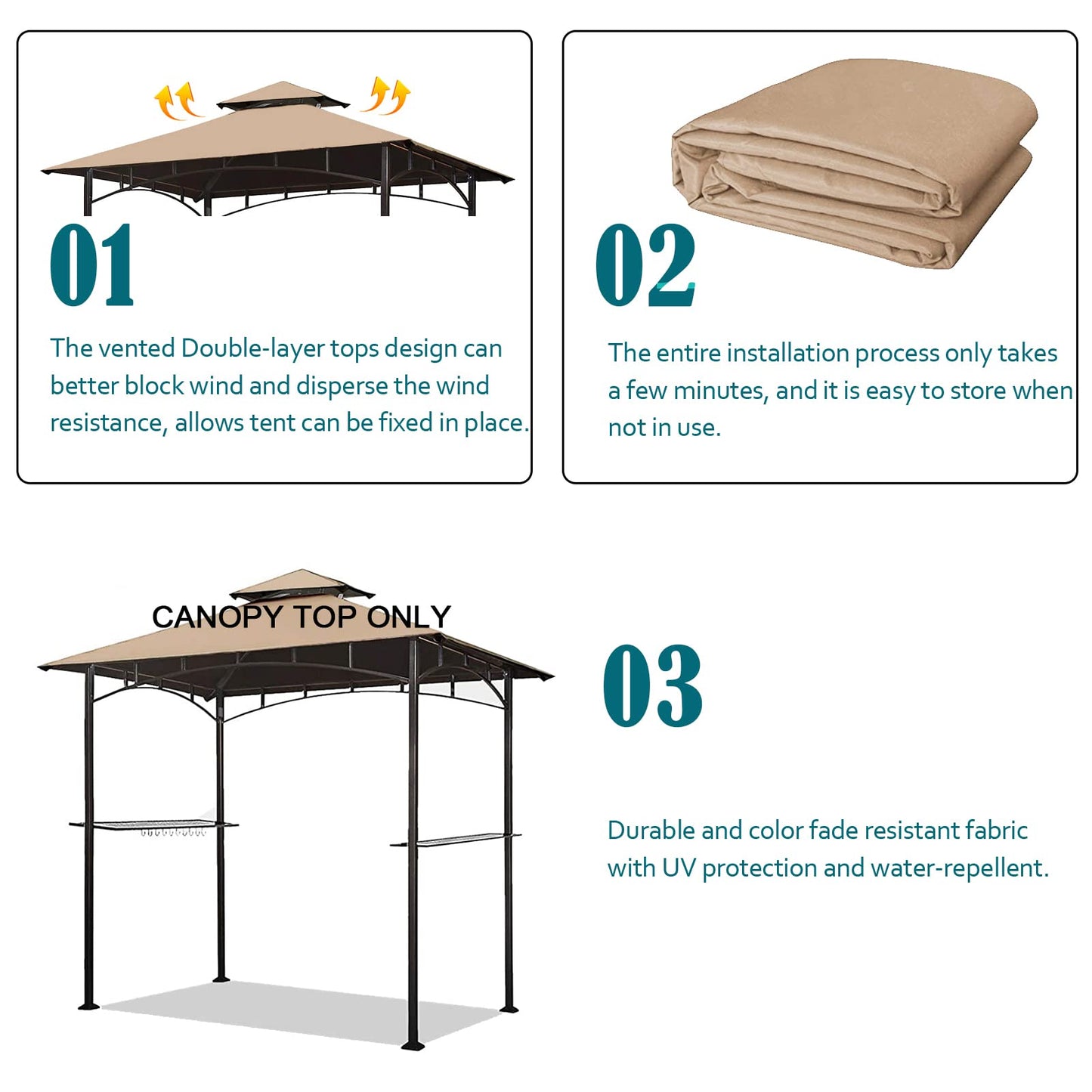 Grill Gazebo Replacement Canopy Top - Wonwon 5x8 Gazebo Roof Double Tiered Outdoor BBQ Roof Cover Grill Shelter Only Fit for Model L-GG001PST-F (Beige)