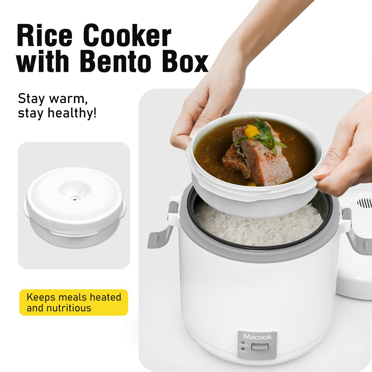 Rice Cooker Small 1-1.5 Cups Uncooked(3 Cups Cooked), Compact Cooker with Bento Box, Removable Nonstick Pot, One Touch&Keep Warm Function, Portable Rice Cooker for Soup Grain Oatmeal Veggie (0.3L-Gray-with Bento Box)