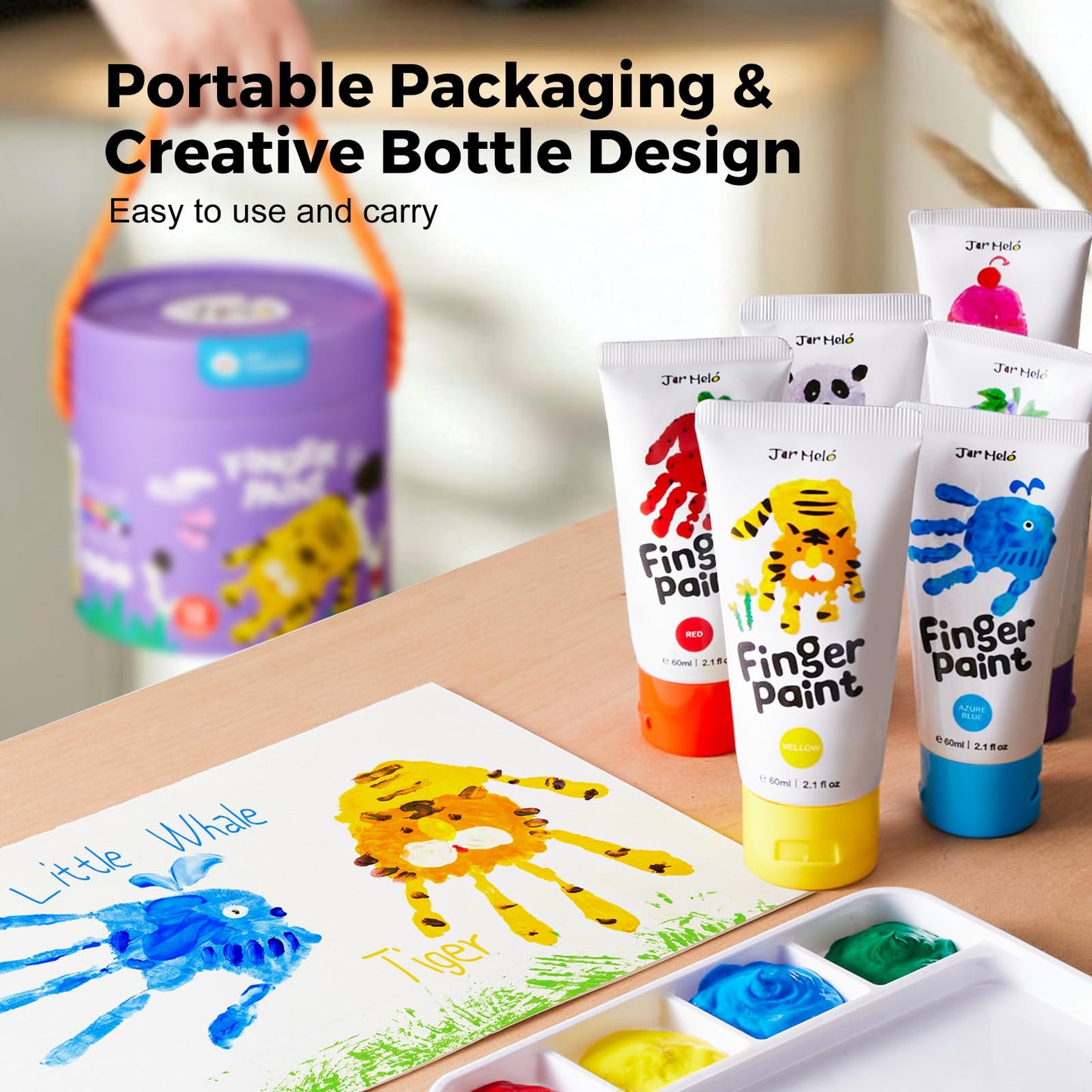 Jar Melo Washable Finger Paints for Toddlers, 12 Colors Large Capacity (2.1fl oz), Non Toxic Baby Paint for Hand and Feet, Safe Art Supplies, Preschool Learning Gifts for Kids Age 2+