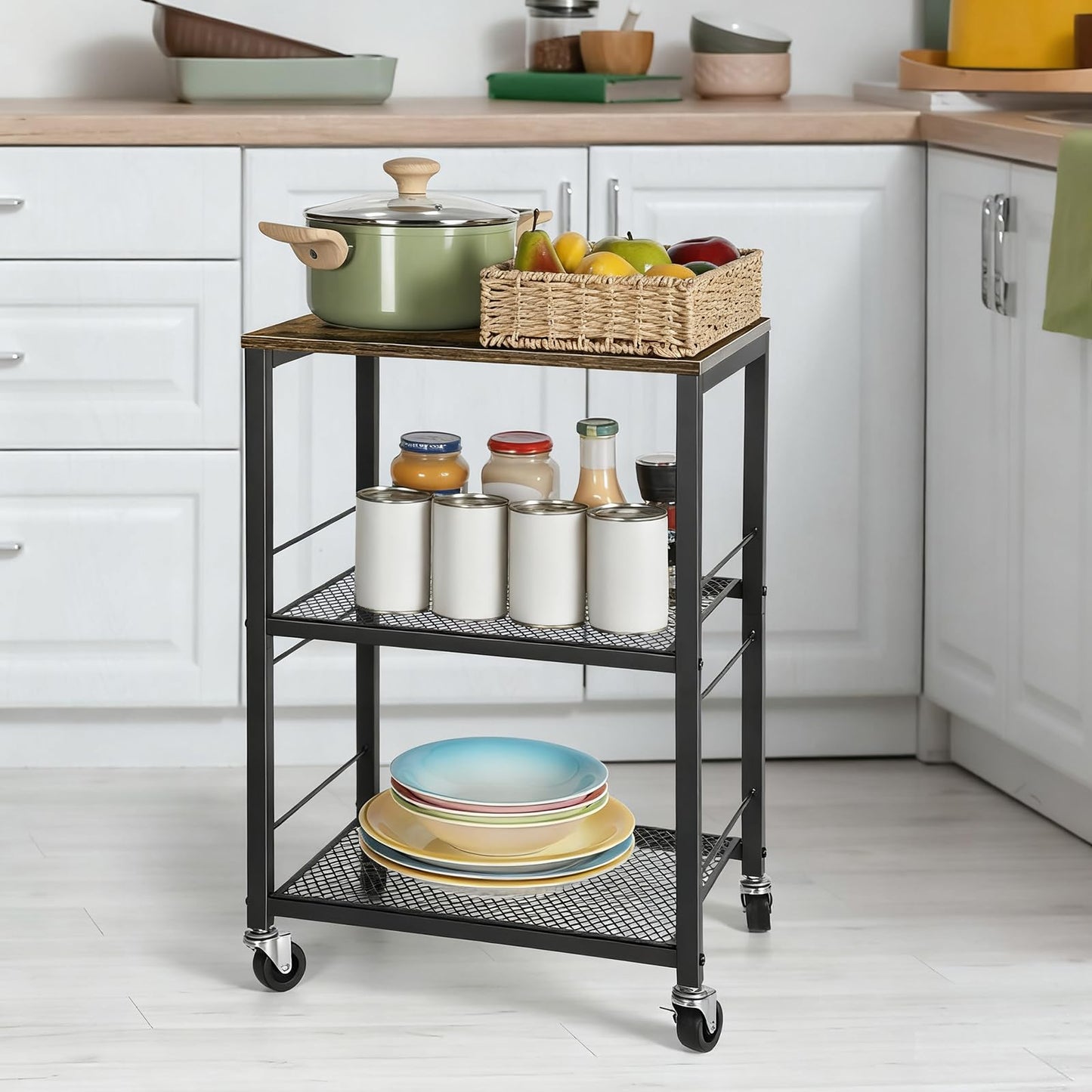 ETELI Side Table Small with Wheels Industrial Night Stand Storage Shelf 3 Tier Wood End Table with Metal Frame for Small Space Living Room Bedroom Kitchen Office