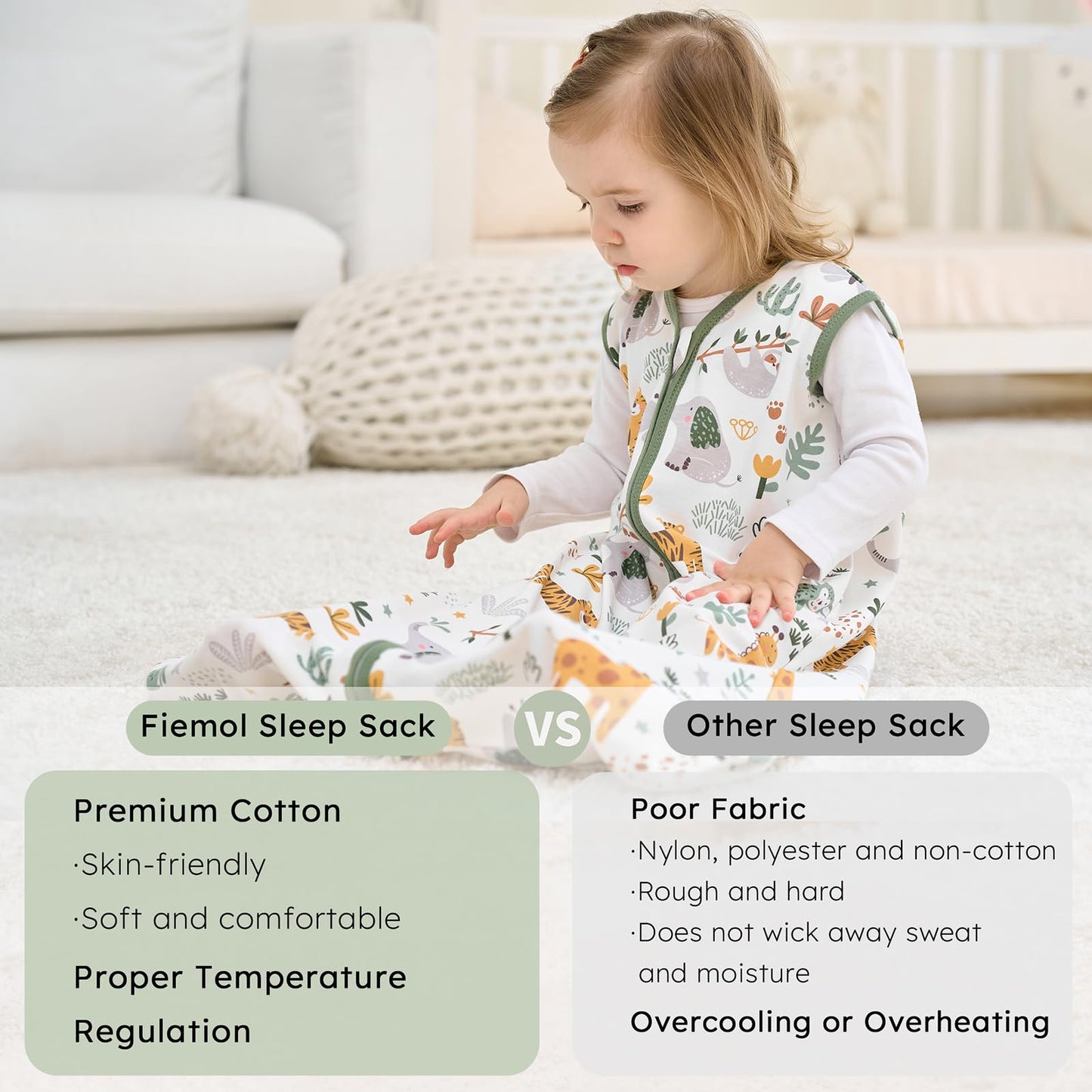 FIEMOL Baby Sleep Sack 6-12 months, 100% Cotton Sleeping Sack for Newborn and Infant, 3 Pack Baby Wearable Blanket, 0.5 Tog Lightweight Double Zipper Sleep Bag Green Brown Giraffe