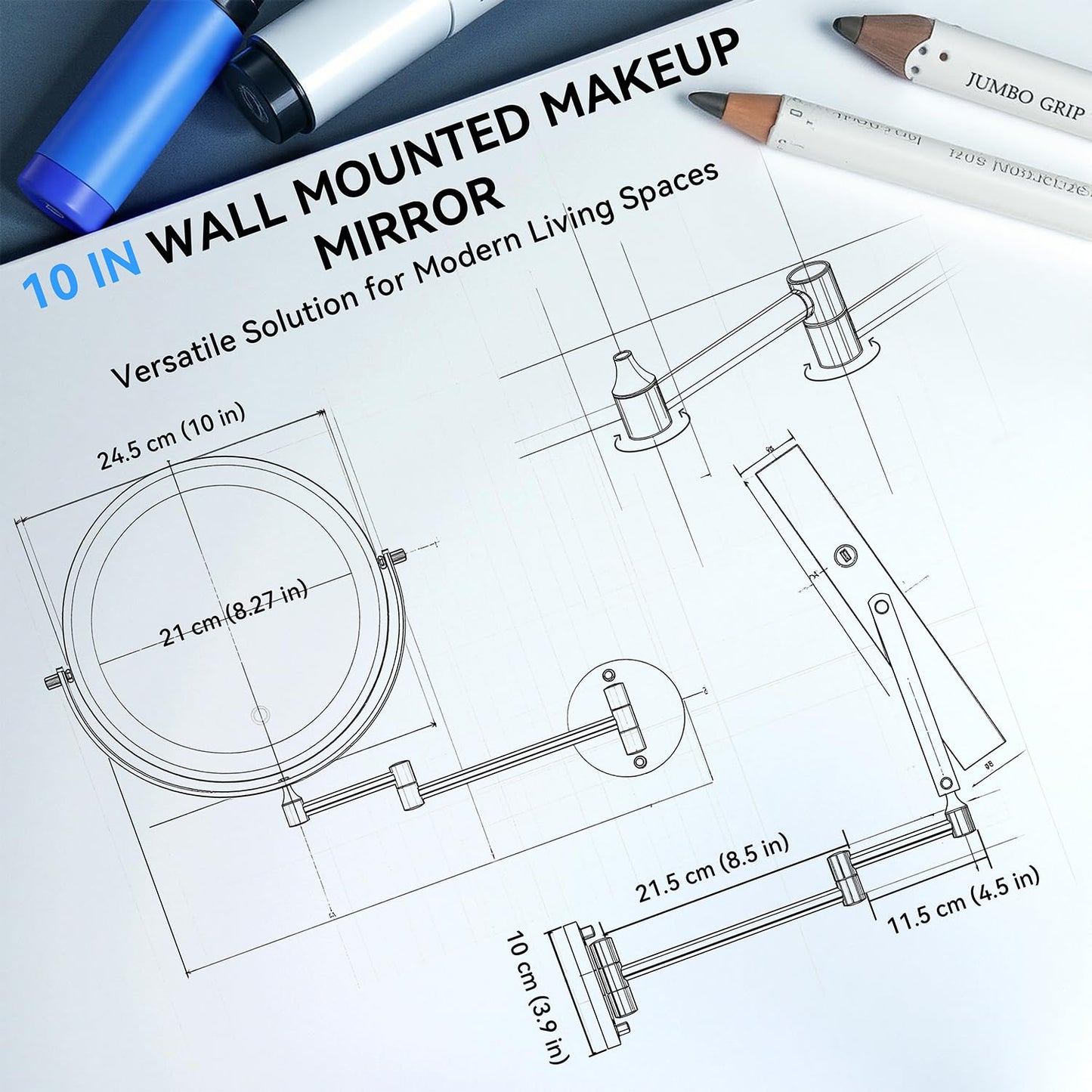 Auxmir 5000mAh Rechargeable Wall Mounted Makeup Mirror, 1X/30X Double Sided Magnifying Bathroom Mirror, 10" Lighted Vanity Mirror with 3 Color Modes, Touch Dimmable, 360° Swivel Extended Arm, Black