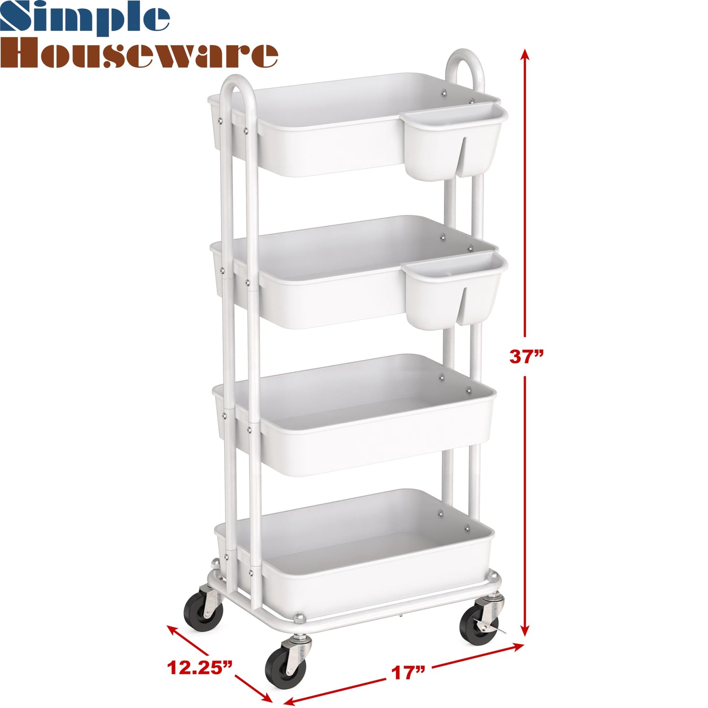 Simple Houseware 4-Tier Rolling Utility Cart with Hanging Buckets, White