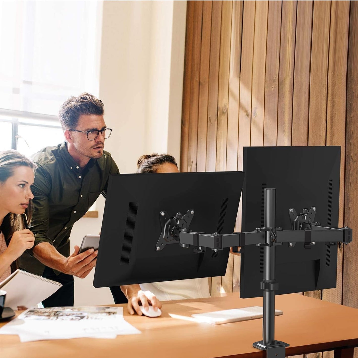HUANUO Dual Monitor Stand for 13-30 Inch Screens | 22lbs Per Arm| 75x75mm & 100x100mm VESA | C-Clamp & Grommet Mount | Includes Cable Management & USB Support