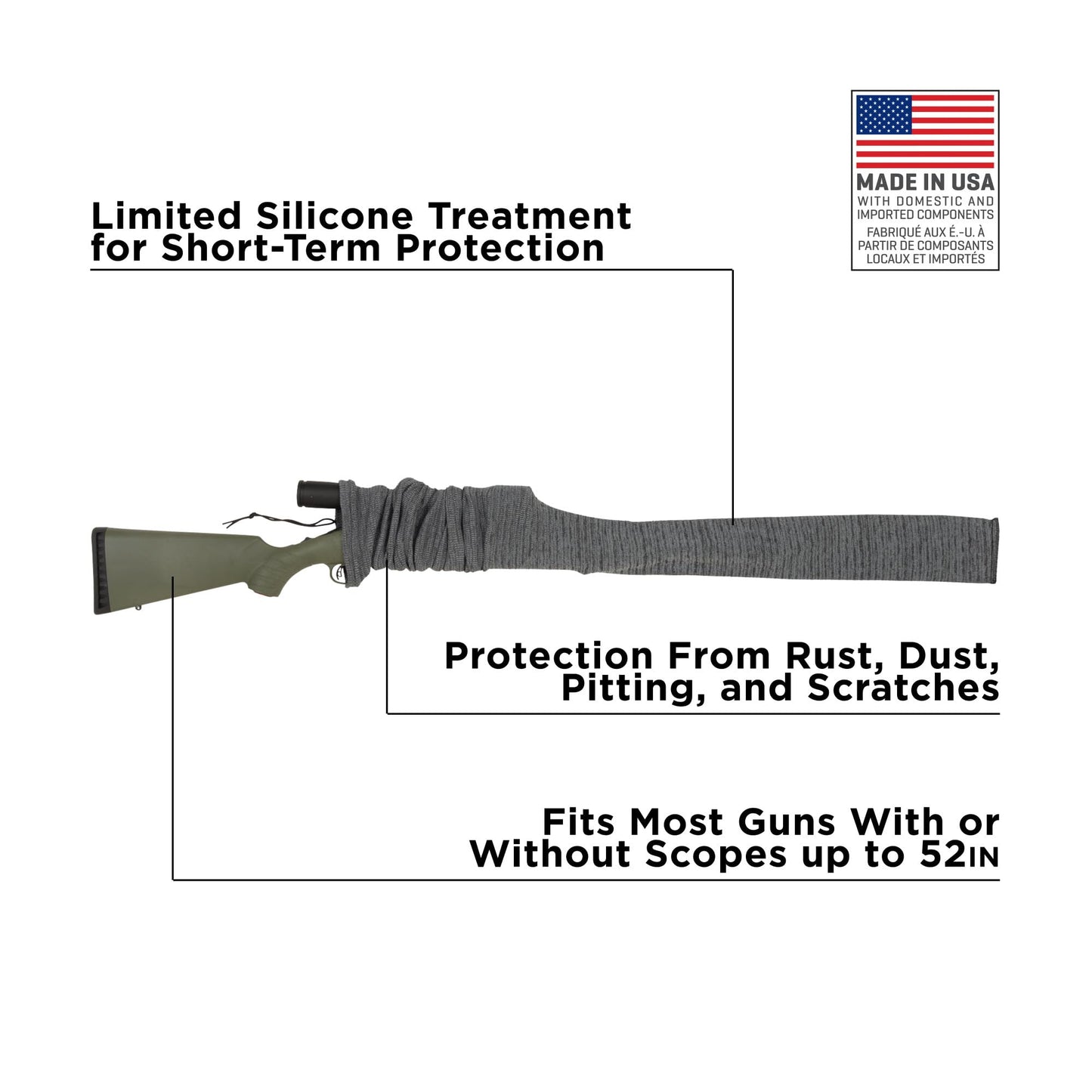 Allen Company Knit Gun Sock for Rifle/Shotguns With or Without Scope - Anti-Rust and Silicone-Treated for Gun Safe, Bag, and Case Storage - Drawstring Closure - 52" Gray - 3 Pack