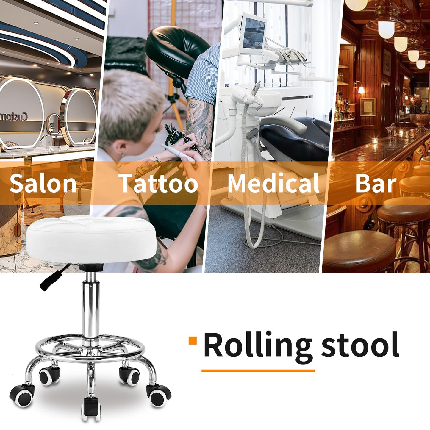 Rolling Stool PU Leather Round - Ultra Soft Padded Seat Cushion Stool with Wheels with Footrest, Strong Weight Capacity 350lb,Adjustable Swivel Stool for Tattoo Massage Salon Office Spa Home (White)