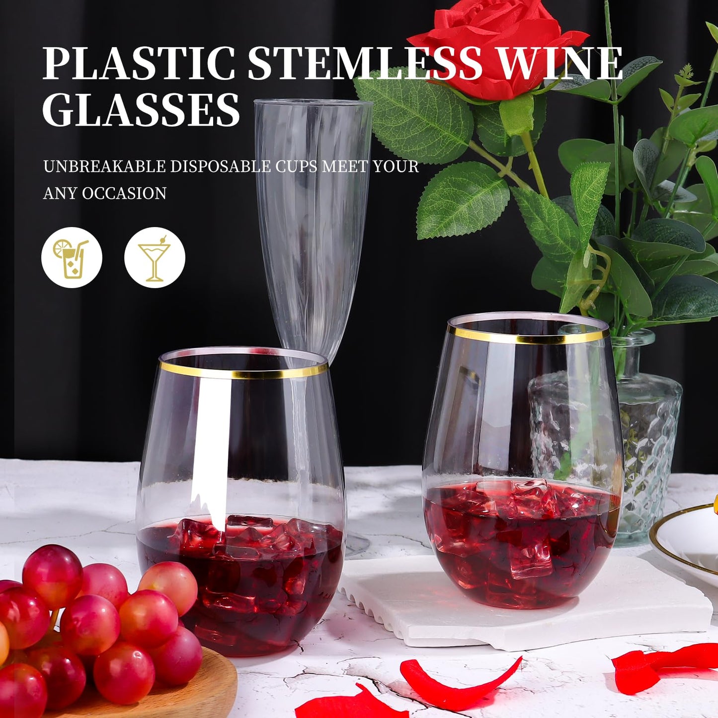 20 Pack Plastic Stemless Wine Glasses, 16 OZ Plastic Wine Glasses Disposable Unbreakable Plastic Wine Cups Reusable Clear Acrylic Drinking Party Glass Bulk Shatterproof for Champagne Wedding(Gold Rim)