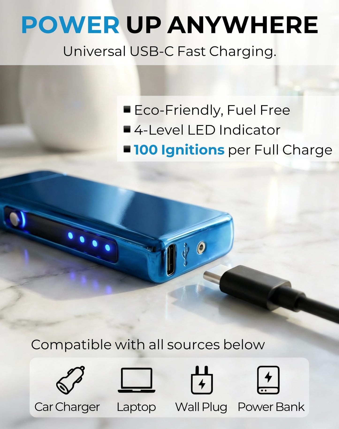 COMANYI Electric Lighter USB Rechargeable Plasma Lighter, with Windproof High Power Arc Mirror-Polished Metal Ice Touch Surface, with Gift Box, for Outdoor Travel Grill BBQ Candle (Blue)