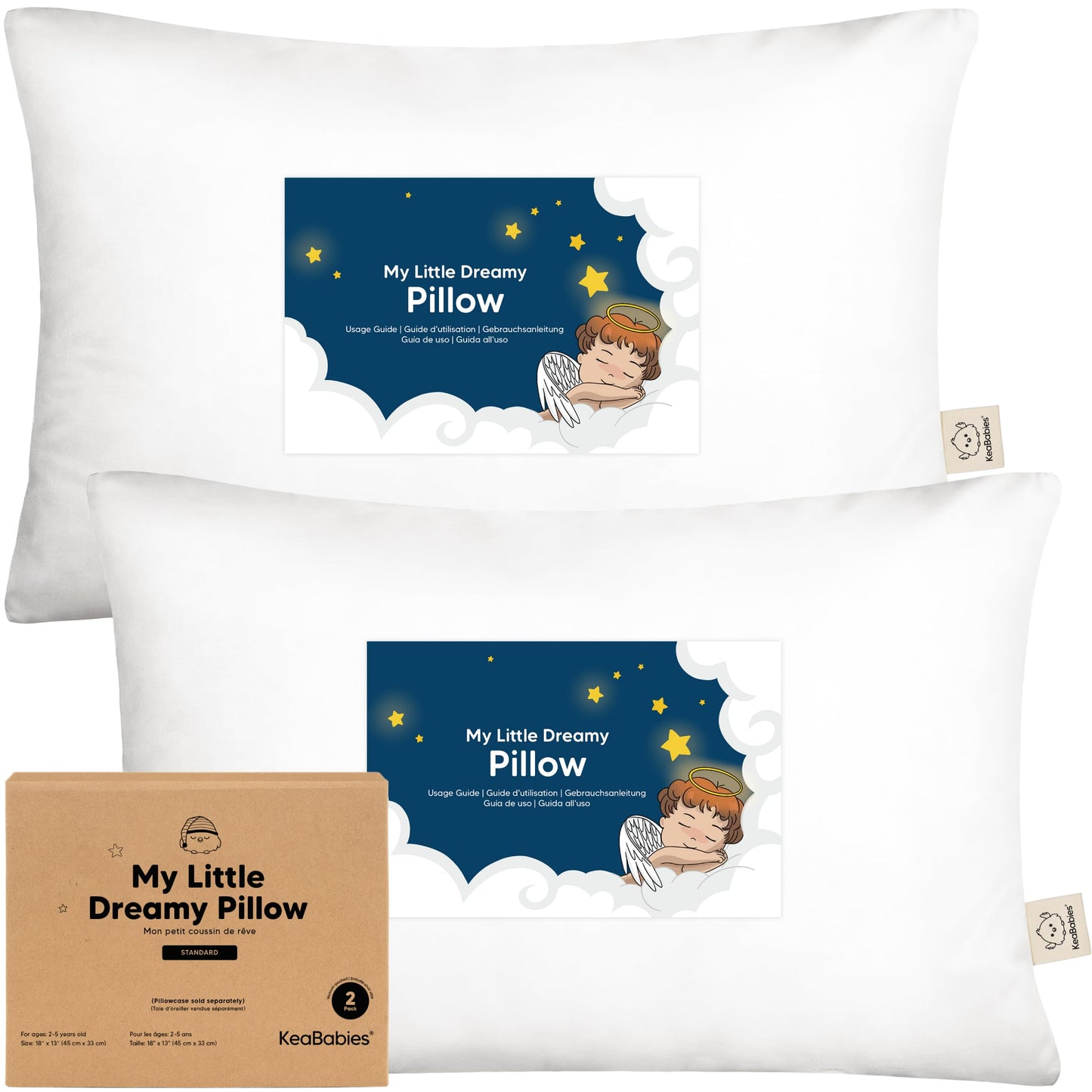 KeaBabies 2-Pack Toddler Pillows 2 Year Old to 5-13x18 Soft Organic Cotton Kids Pillow for Sleeping, Travel, School, Daycare, Nap, Toddler Bed, Machine Washable, Without Pillowcase(Soft White)
