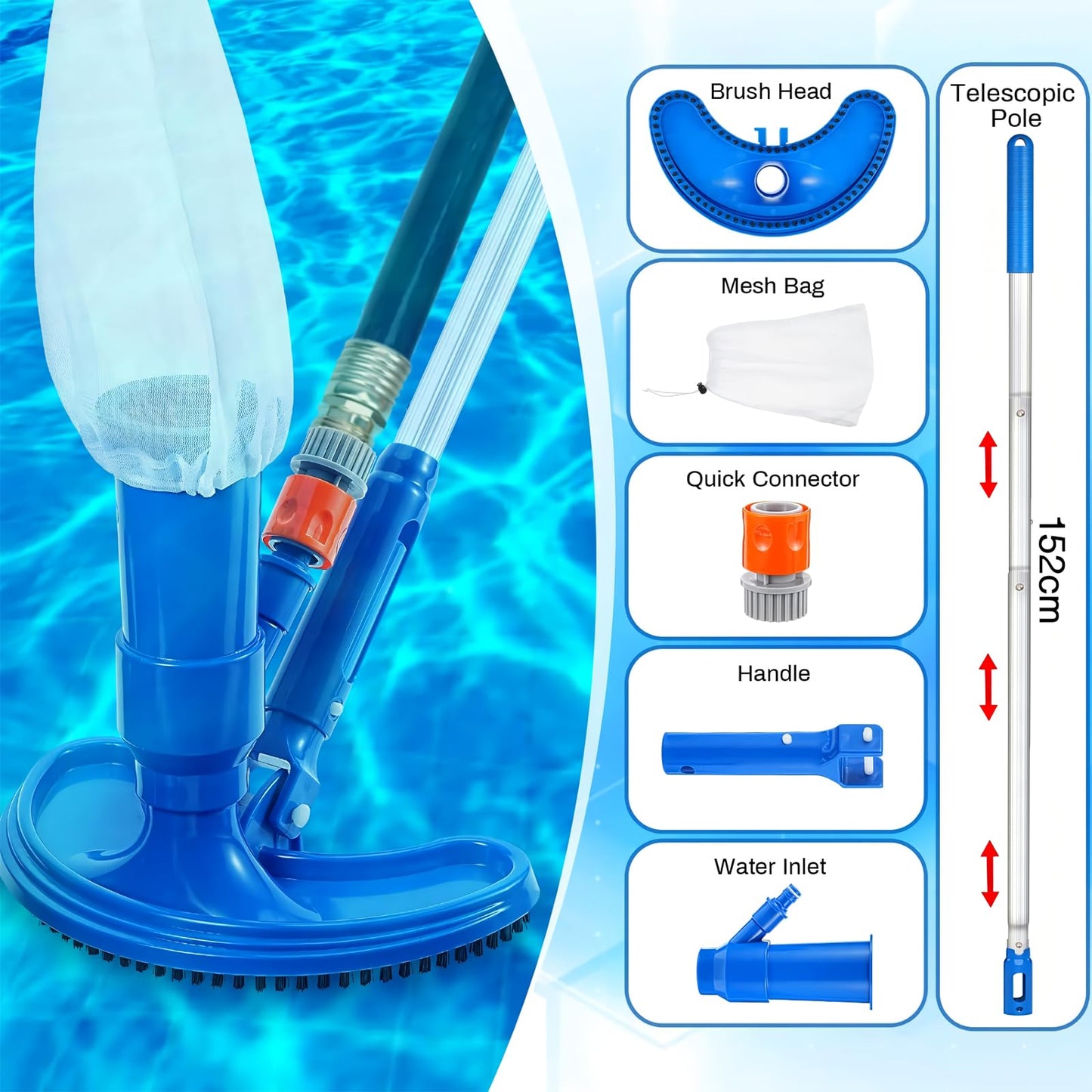 60" Portable Pool Vacuum Half Moon Jet Underwater Cleaner and Leaf Skimmer Net (No Garden Hose Included), 4 Section Pole of Hand Held Portable Pool Vacuum for Above Ground Pool, Spa, Ponds & Fountains