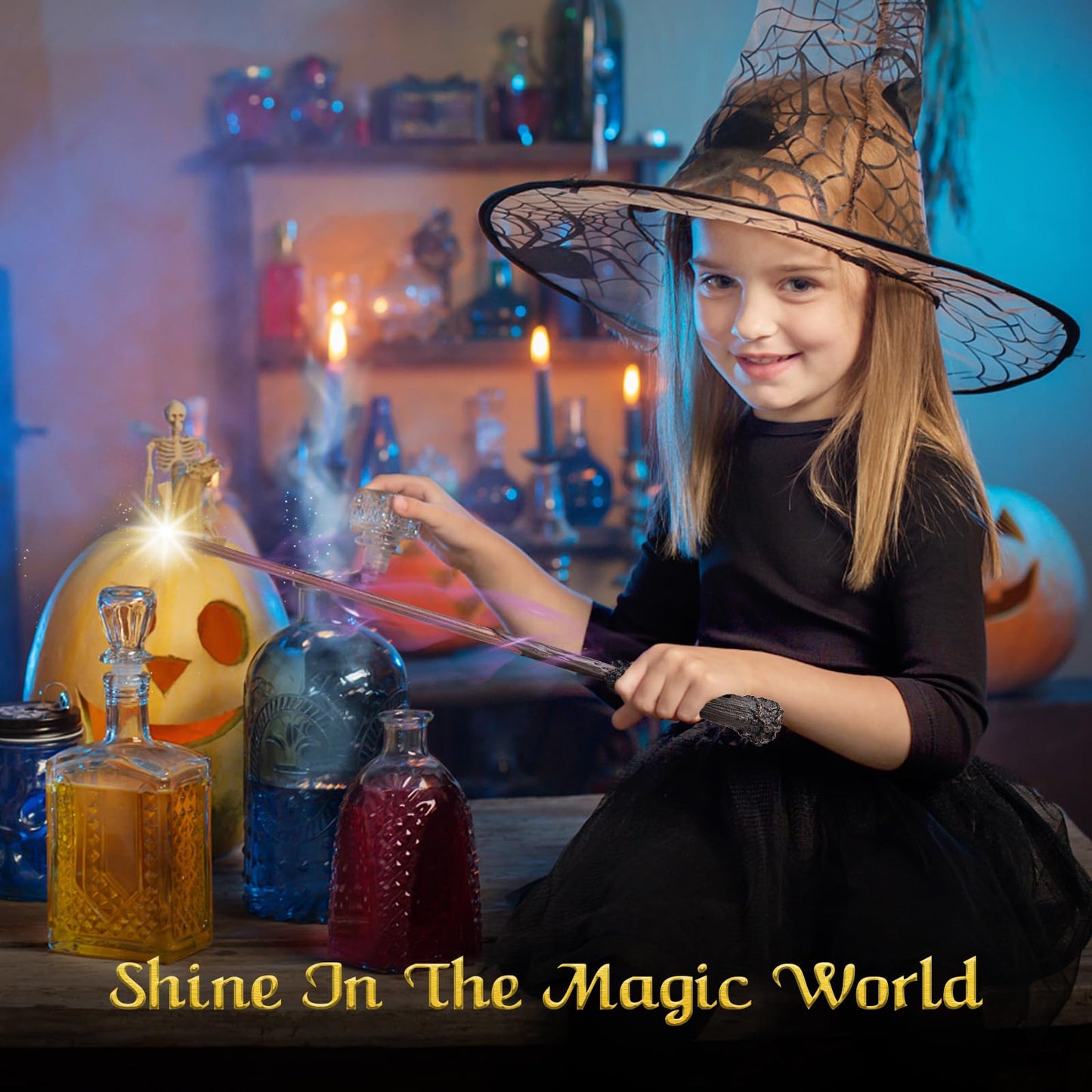 EnrichFun Light Up Wizard Magic Wand Rechargeable Illuminating Witch Wands for Kids Collection Cosplay Halloween, with Acrylic Stand, (Brave)