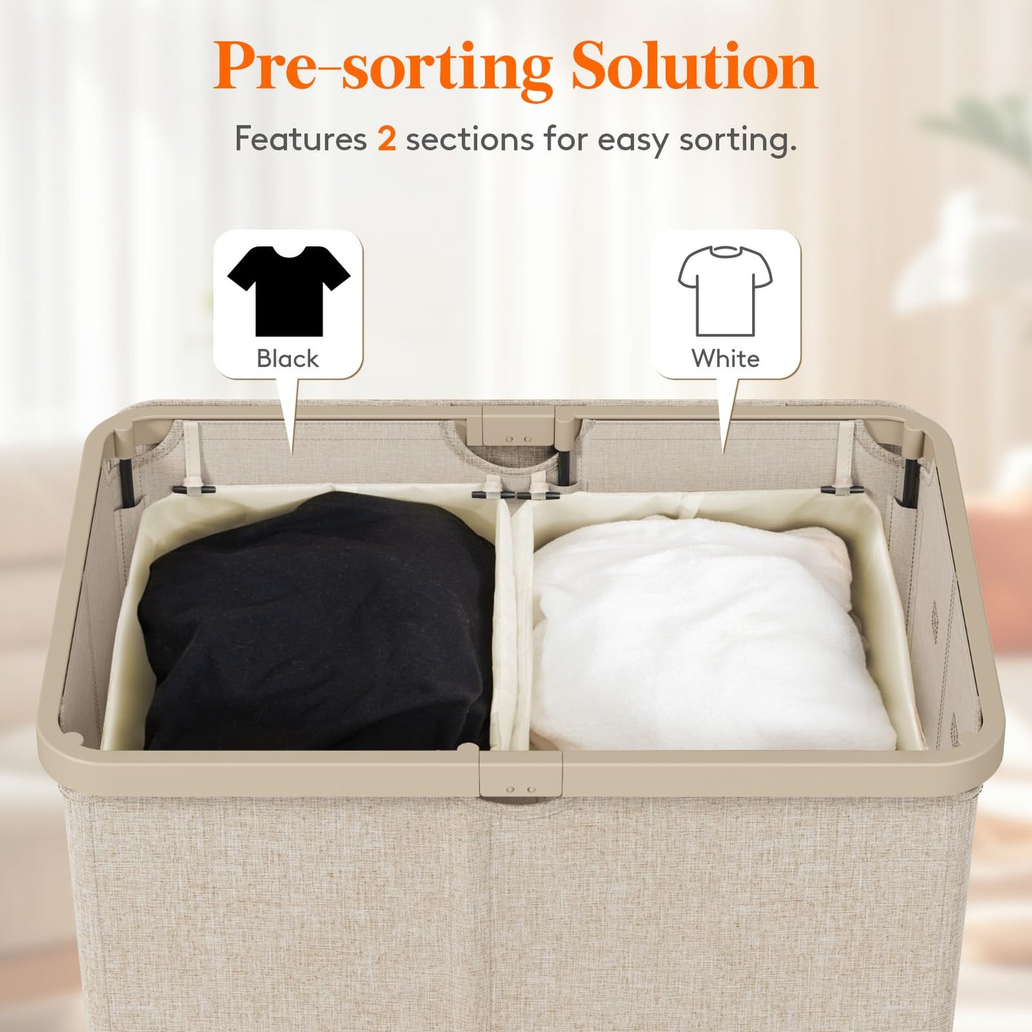 Lifewit 145L 2 Sections Laundry Hamper with Lid, Large Double Laundry Basket with Removable Bags, Plastic Tall Divided Dirty Clothes Hamper for Bedroom, Bathroom, Dorm, Laundry Room, Beige