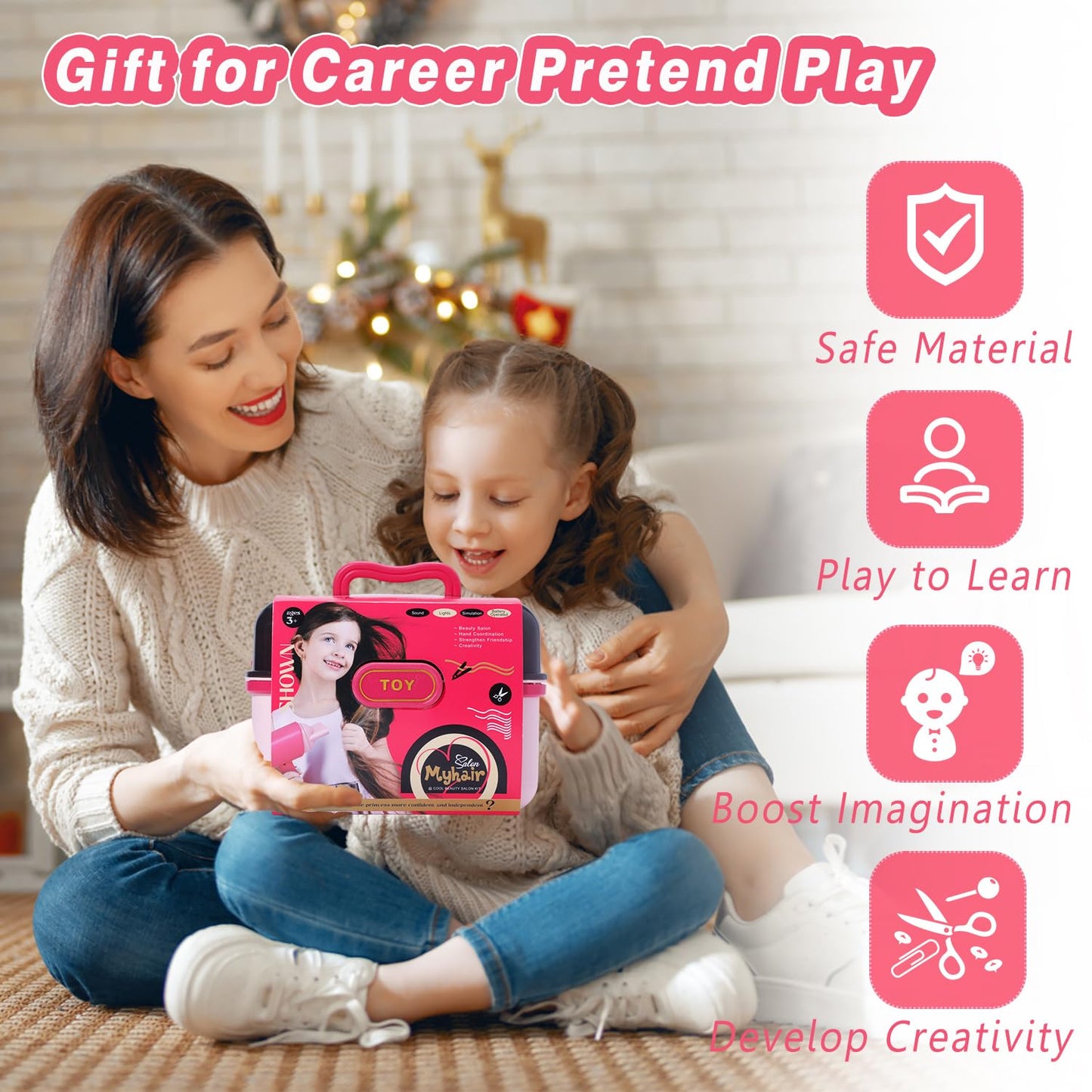 Play Hair Salon Set for Little Girls - Beauty Hair Salon Toys with Realistic Hair Dryer, Curling Iron ，Interactive Lights & Sounds ，Educational Dress-Up Toy Vanities for Kids Ages 3+