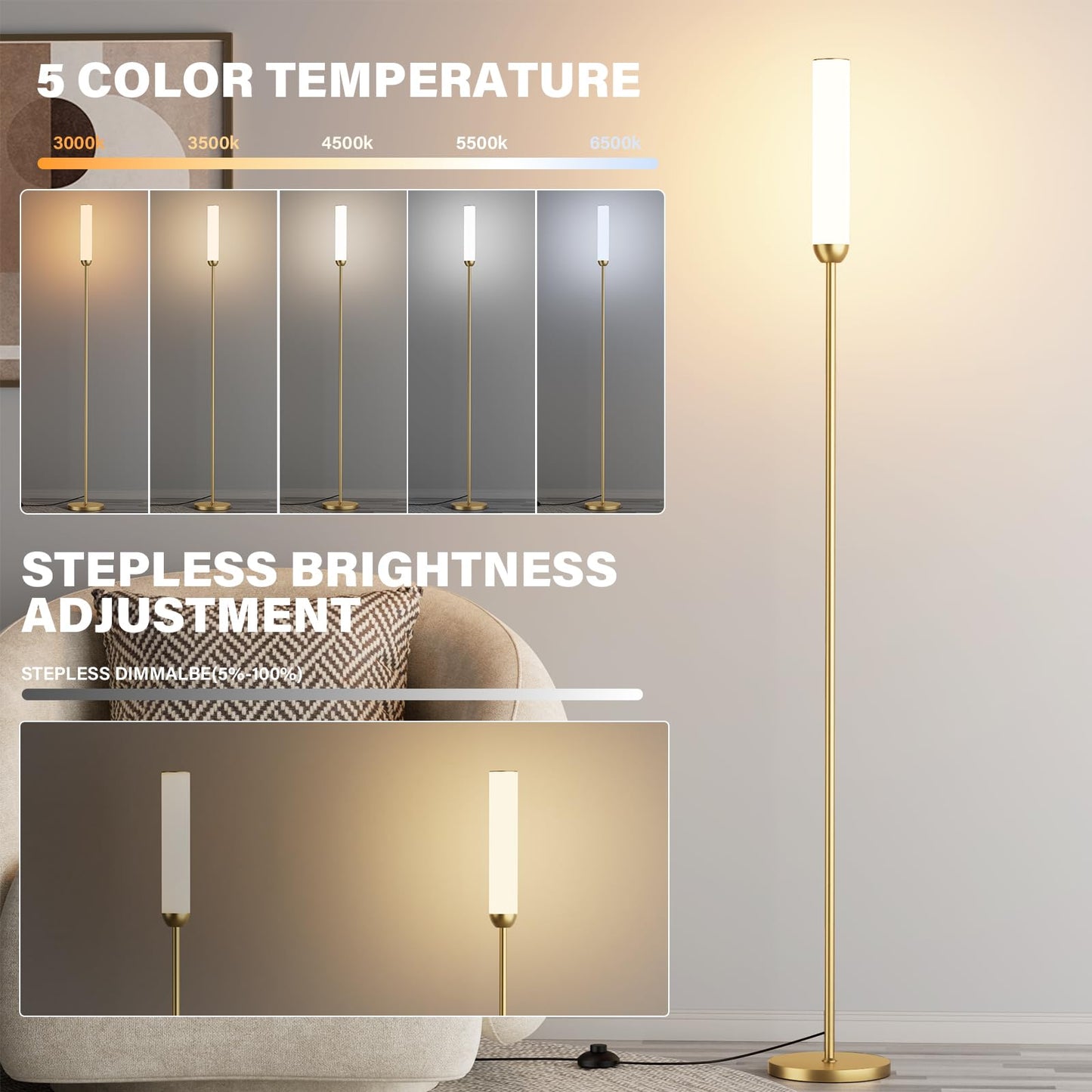 Ambimall 65'' Remote-Controlled LED Floor Lamp, 3000K-6500K Stepless Colors Temperature Adjustable, 5%-100% Dimmable Brightness, Foot Switch, Bright Floor Lamps for Living Room（Gold）