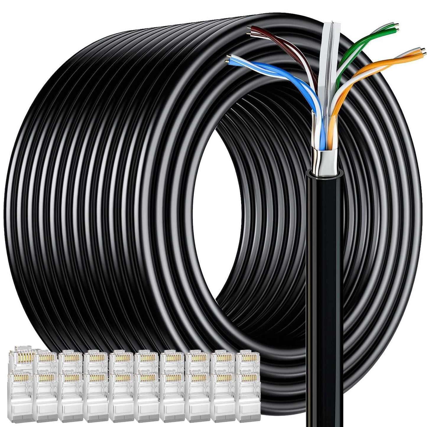 Cat 6 Outdoor Ethernet Cable Bulk 328 ft (20RJ45), FTP Cat 6 Shielded Cable 23AWG, Heavy Duty, Direct Burial, Waterproof, In-Ground, UV Resistant Cat 6 Internet Network Cable for Router Gaming, CCA