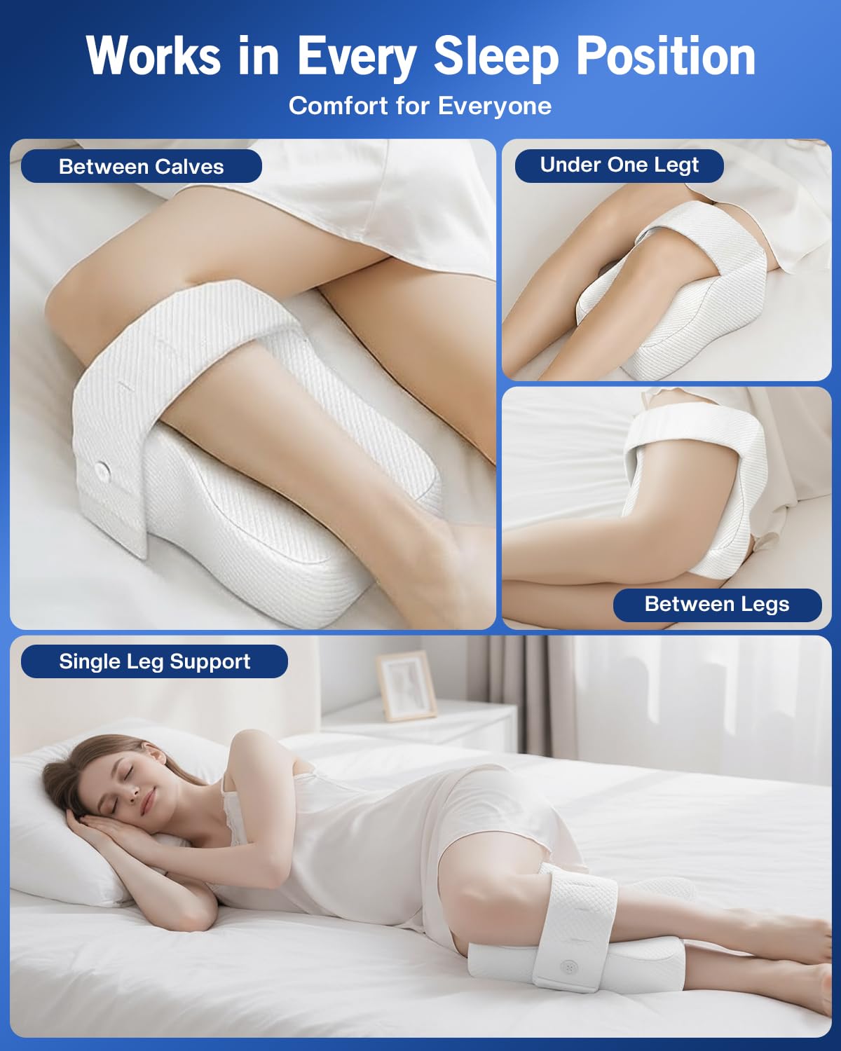 THOBEYA Knee Pillow for Side Sleepers, Leg Pillow for Hip Pain Relief & Spine Alignment, Memory Foam Pillow Between Knees with Adjustable Strap, Relief for Back, Sciatica, Joints