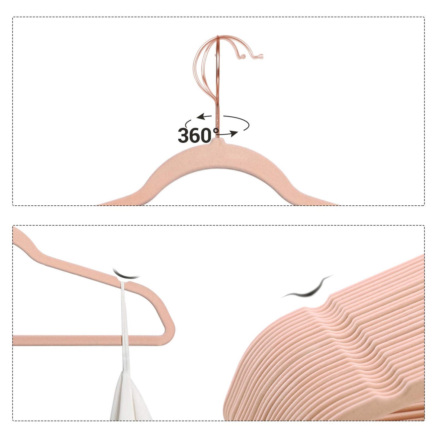 SONGMICS Velvet Hangers, Non-Slip Hanger, Rose Gold Color Swivel Hook, 50-Pack, Pink UCRF026P02