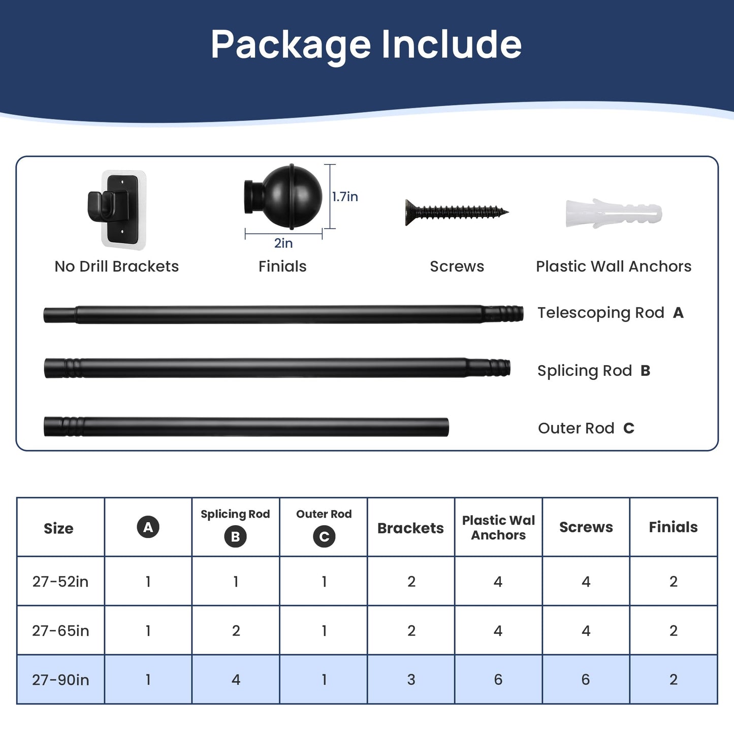 upsimples 2 Pack No Drill Curtain Rods for Window 48 to 84 Inches, 5/8 Inch Diameter Renter Friendly Drapery Rod with Adhesive Brackets without Drilling, Adjustable from 27 to 90 Inches, Black