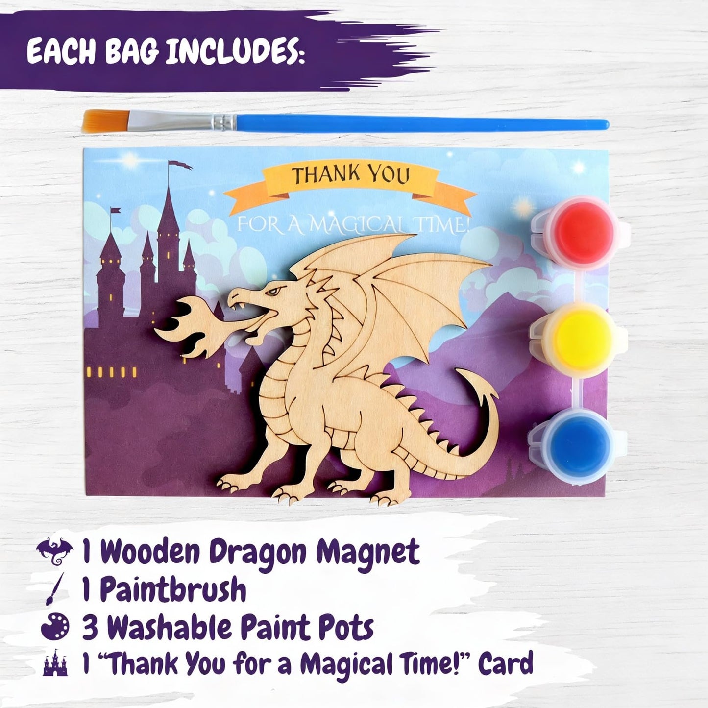 Dragon Party Favors for Kids - 12PCS Paint Your Own Wooden Magnet Kits with Thank You Cards, Individually Wrapped Dragon Birthday Decorations & Party Supplies for Boys & Girls