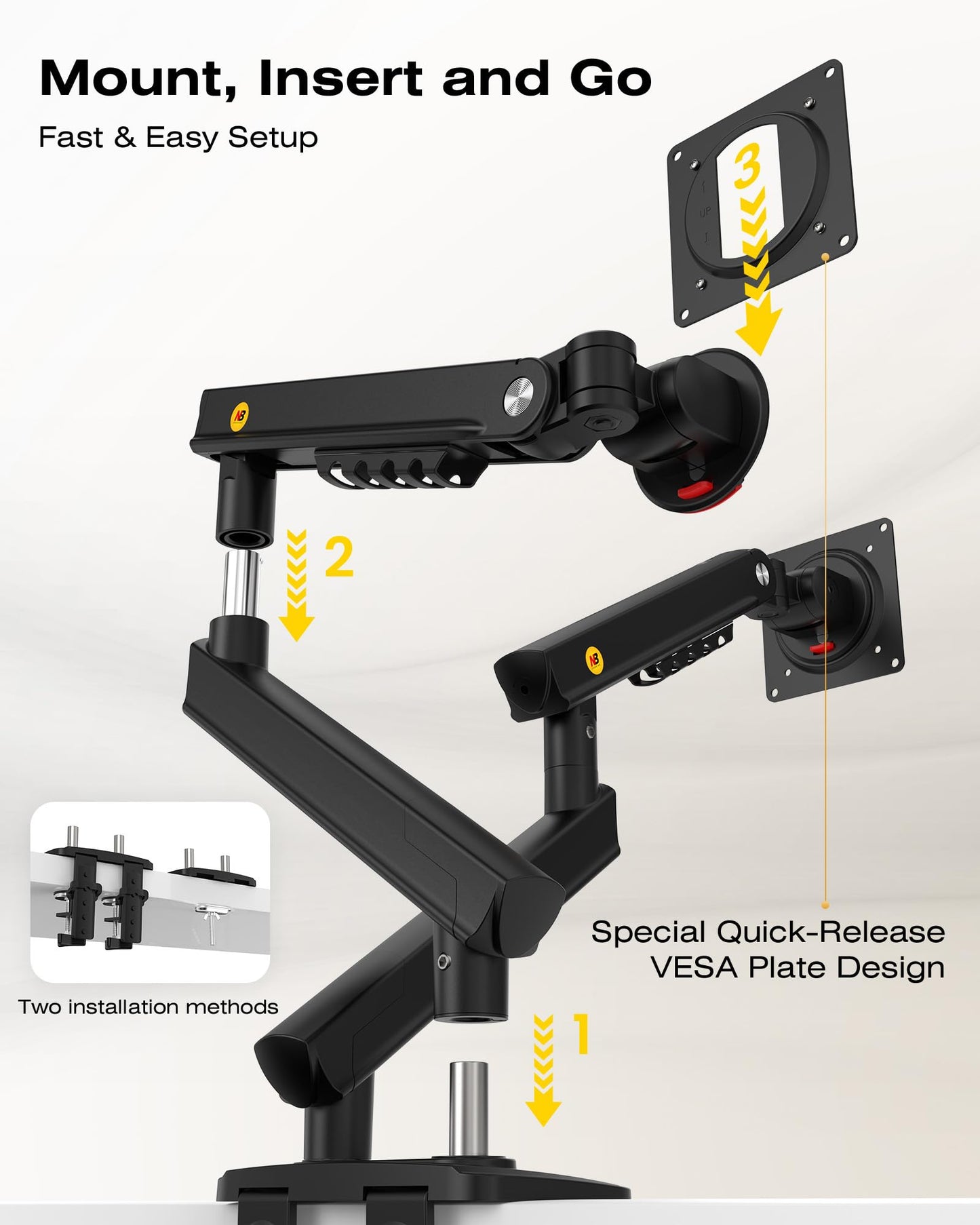 NB SmooVex™ Single Monitor Arm for Monitors 17'' to 32 inch, Mechanical Spring Mount Load up to 9 kg, VESA 75/100 mm Monitor-Mount A5 (Black-Dual)