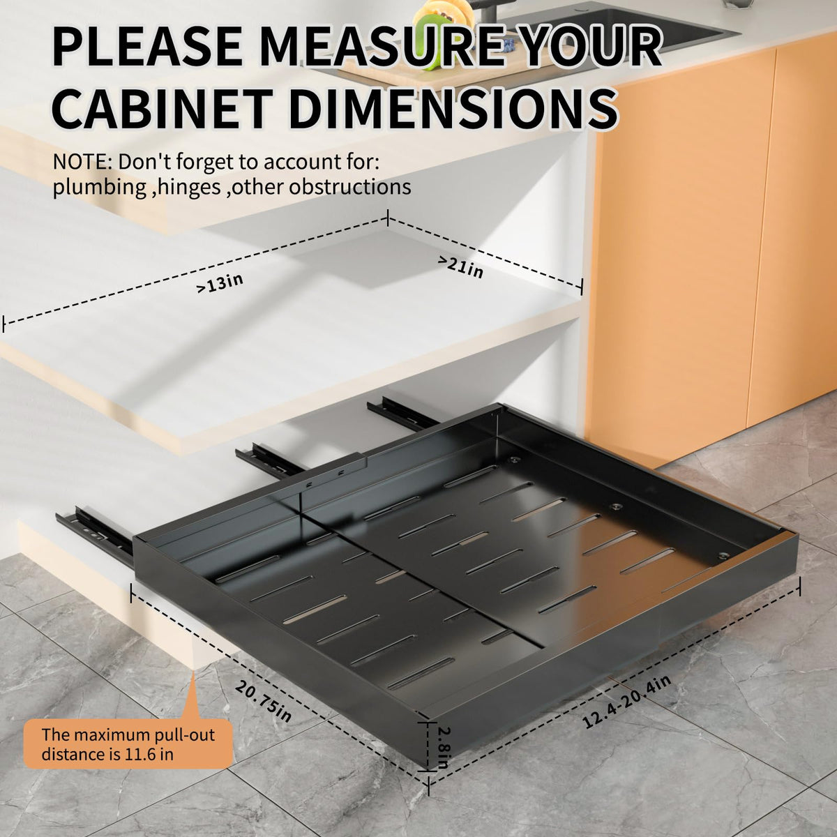 Pull Out Cabinet Organizer 2 PCS, 21" Deep, Expandable(12.4"-20.4") Slide Out Drawers for Kitchen Cabinets Fixed with Adhesive Film for Pots,Pans,Heavy Duty Slide Out Cabinet Organizer and Storage