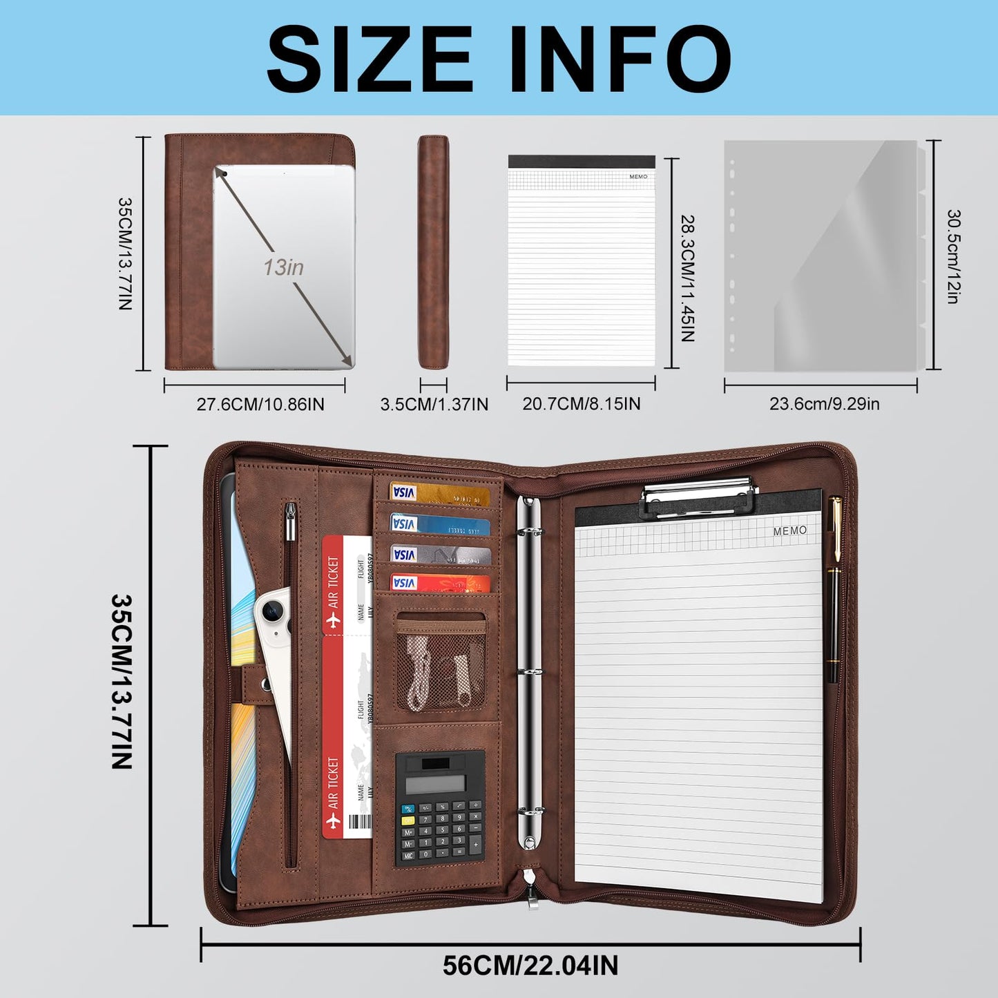 Eshow Portfolio Organizer - 3 Ring Binder with Zipper, Vegan Leather Business Padfolio Folder with Notepad Includes 10 Clear Sheet Protectors for Documents Files for Men Women