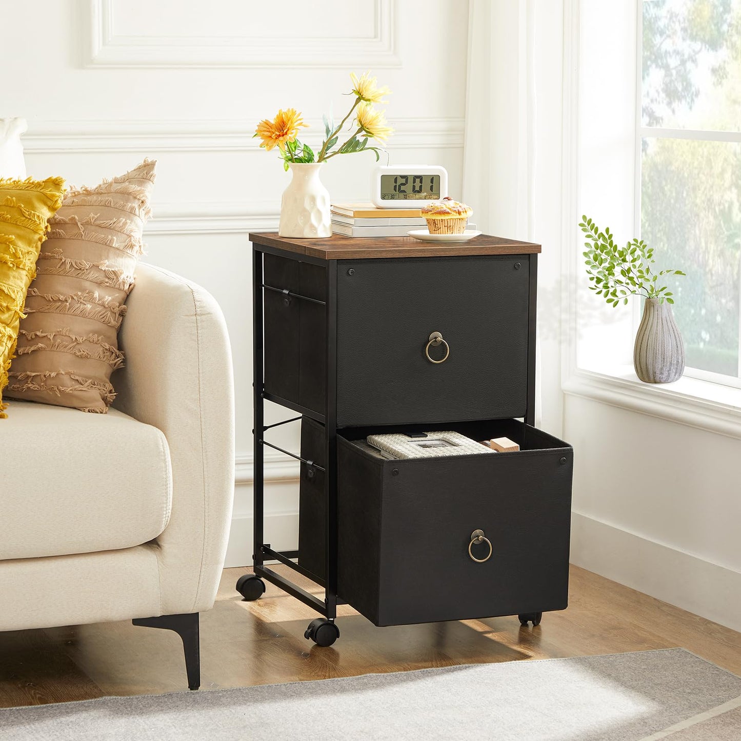 HOOBRO 2-Drawer Mobile File Cabinet, Vertical Filing Cabinet, Filing Cabinet for Home Office, Rolling Printer Stand, A4/Letter-Sized, Nonwovens Drawer, Black and Rustic Brown BFK20WJ01