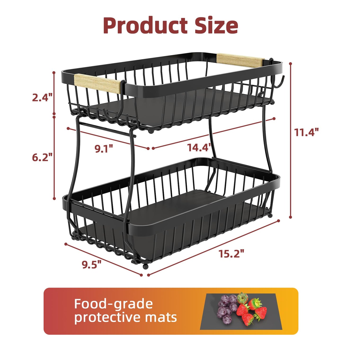 Sevenblue 2 Tier Fruit Basket for Kitchen Counter with 2 Banana Hangers, 2026 Pro Detachable Metal Fruit Bowl with Wooden Handle,Fruit Holder for Bread Snack Veggies, Black Extra Large