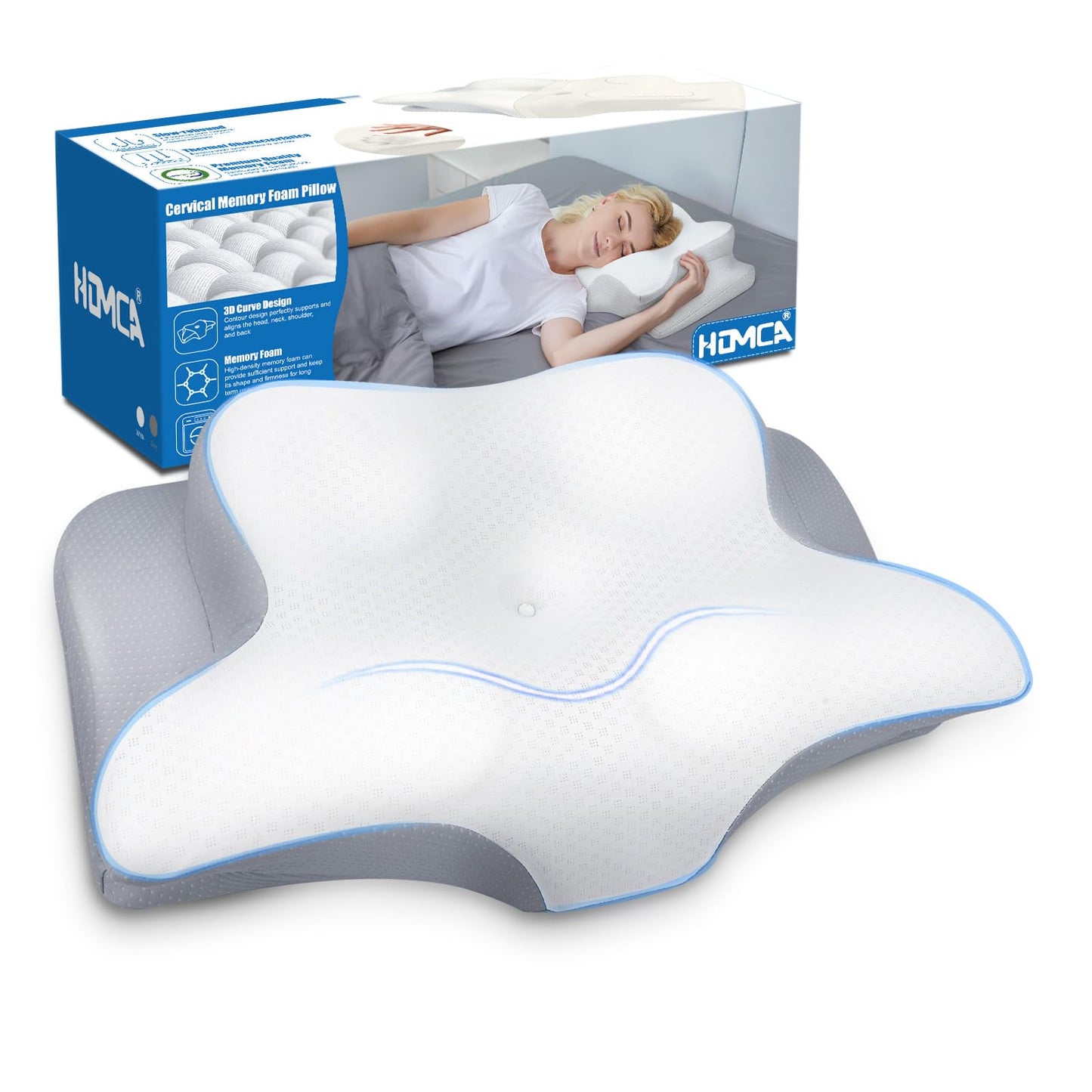 HOMCA Cervical Pillow for Neck Pain Relief, Ergonomic Neck Support Pillows for Sleeping, Memory Foam Bed Neck Pillow for Back Stomach Side Sleepers with Breathable Pillowcase